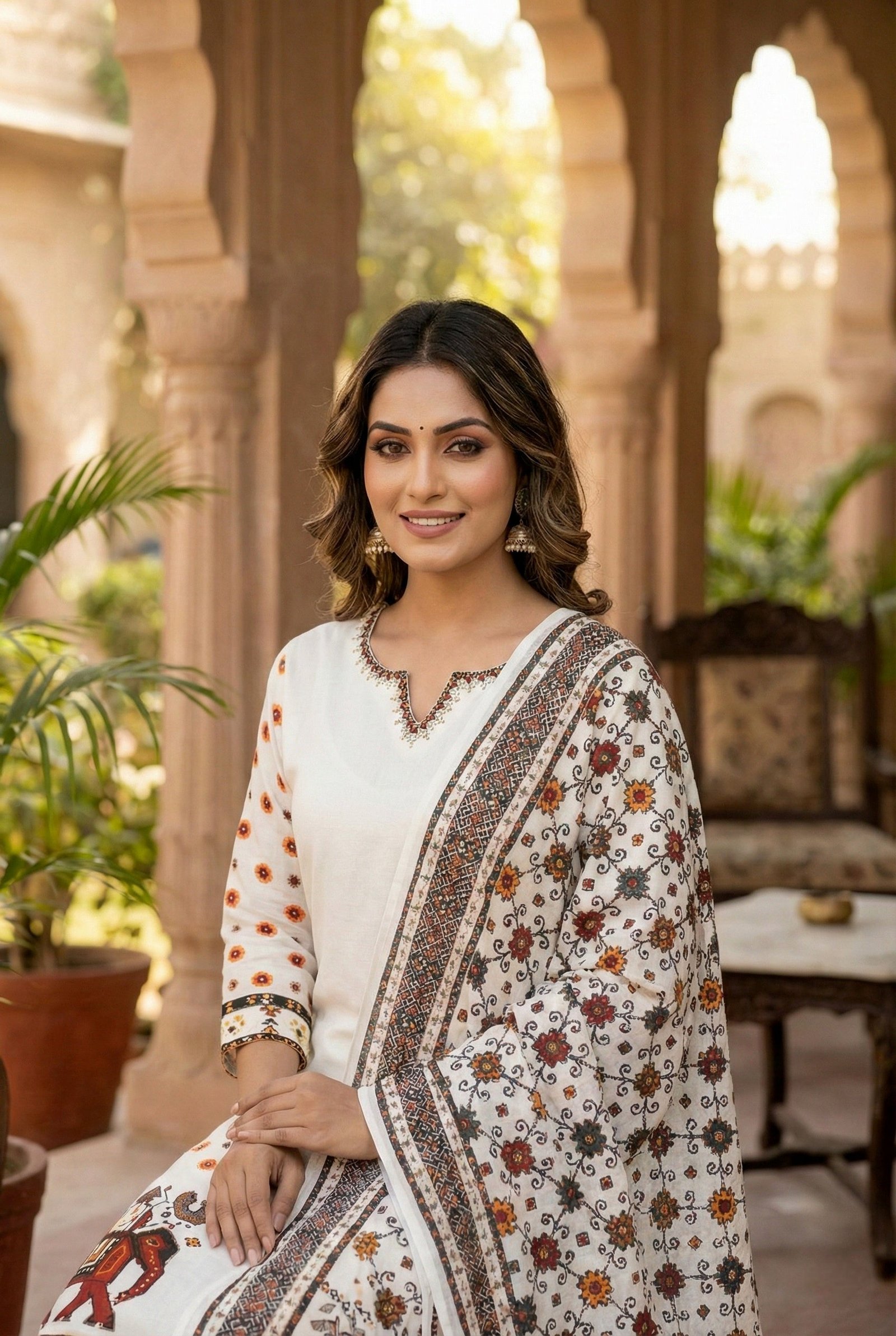 White Silk Hand Embroidery Three Piece Set - Image 5