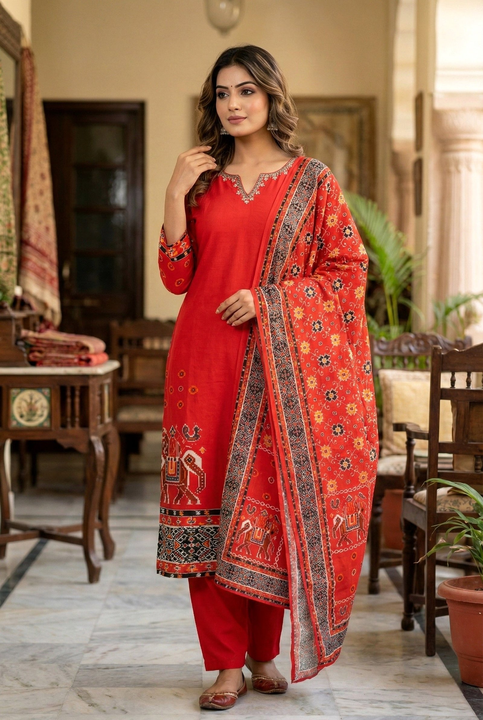 Red Silk Hand Embroidery Three Piece Set