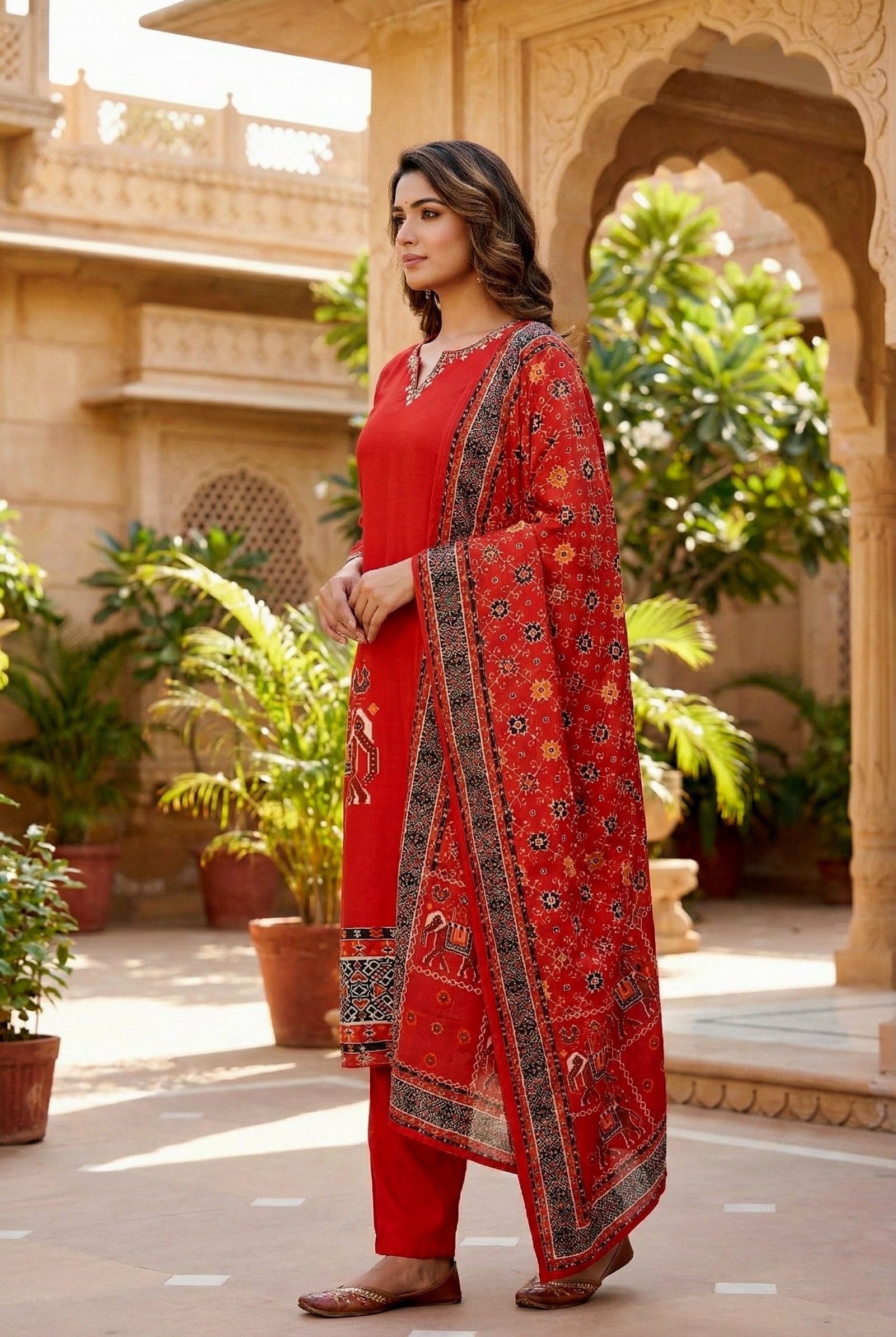 Red Silk Hand Embroidery Three Piece Set - Image 2