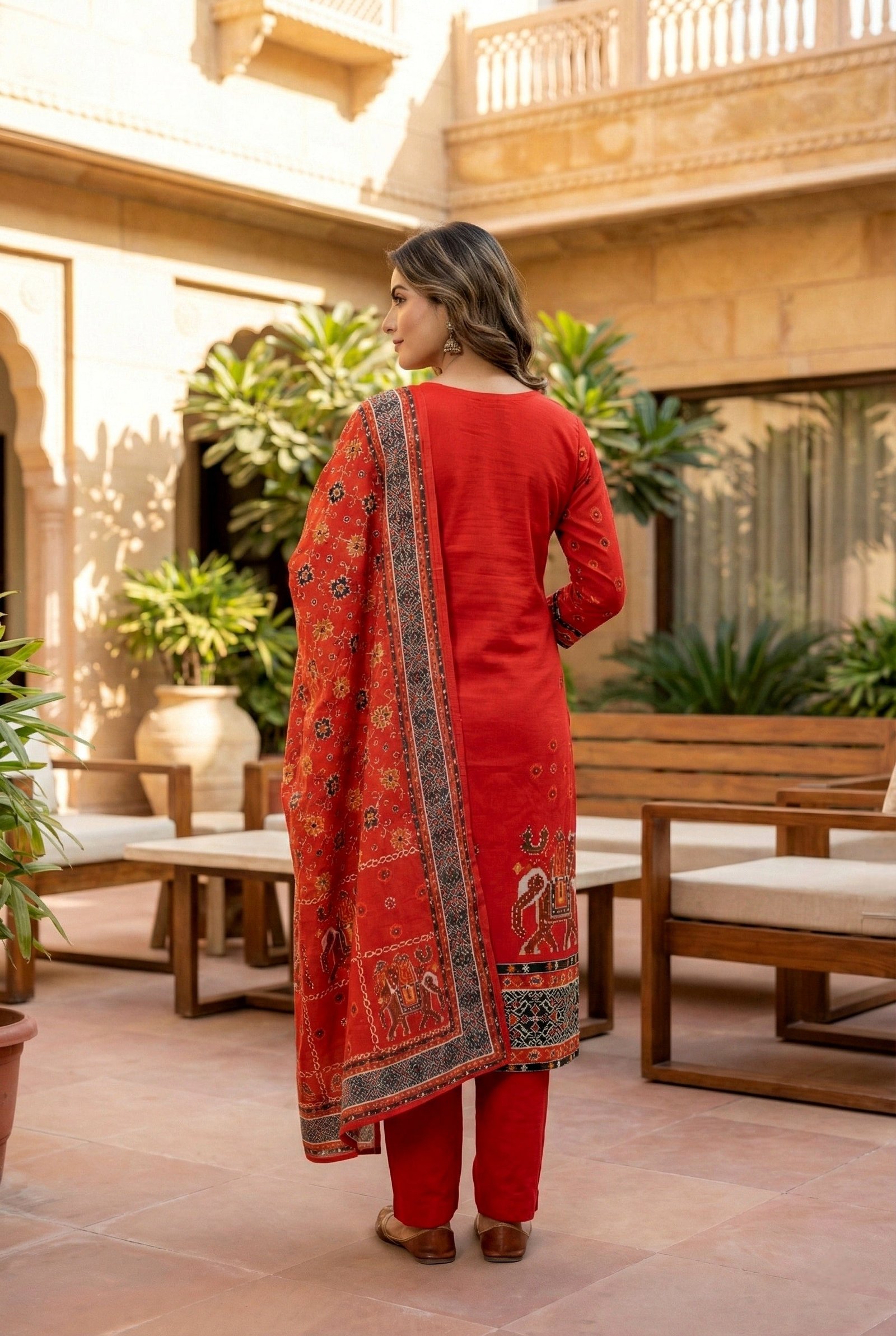 Red Silk Hand Embroidery Three Piece Set - Image 3