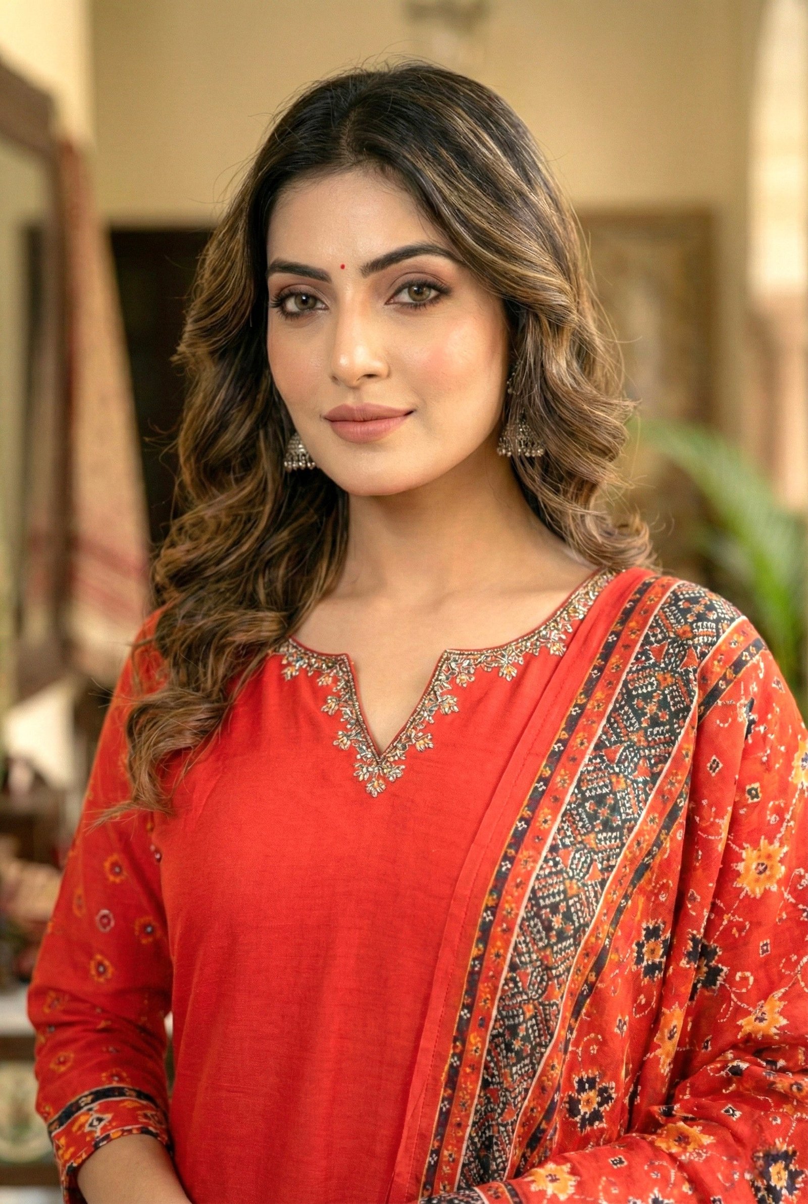 Red Silk Hand Embroidery Three Piece Set - Image 5