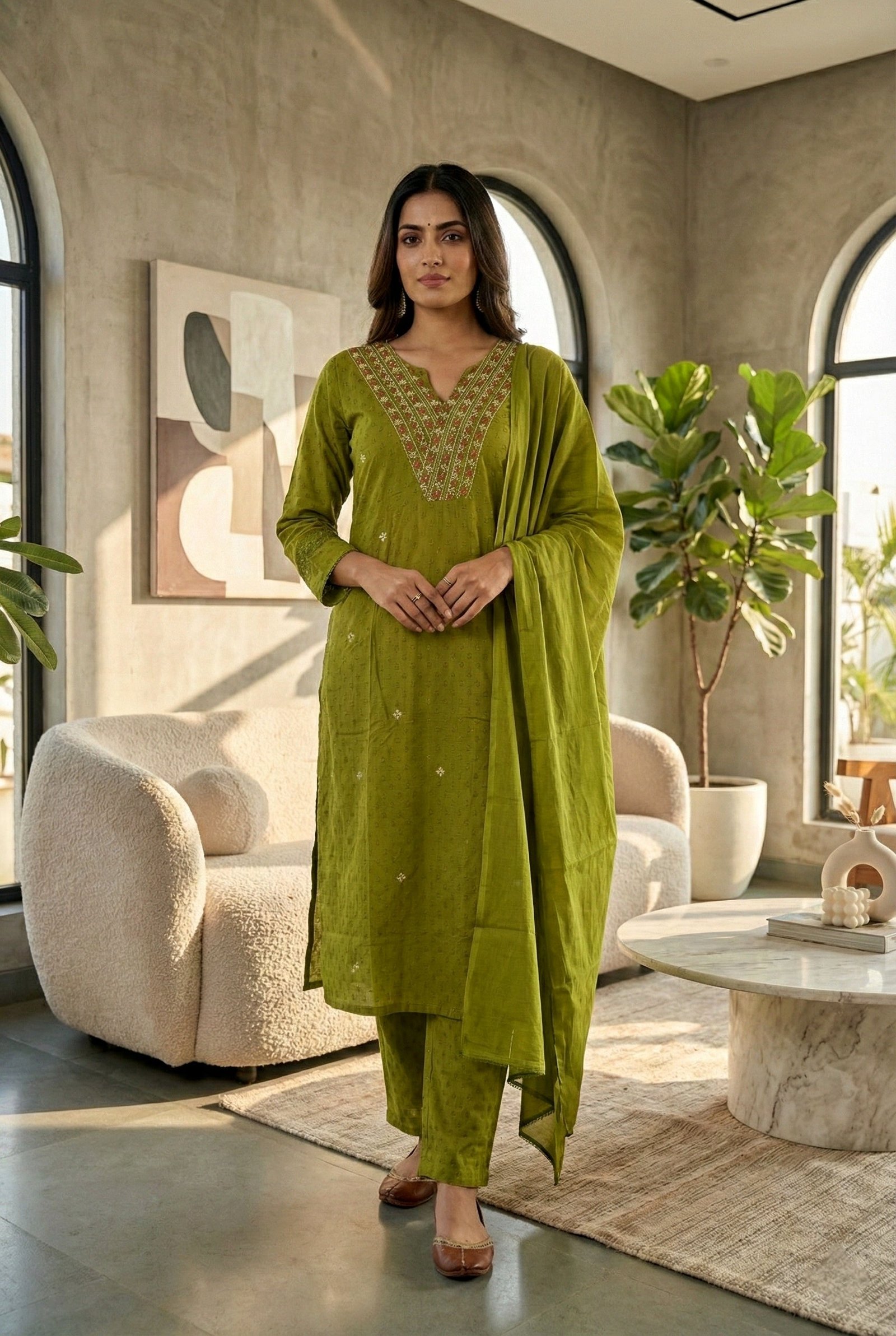 Green Cotton Thread Embroidered Three Piece Set