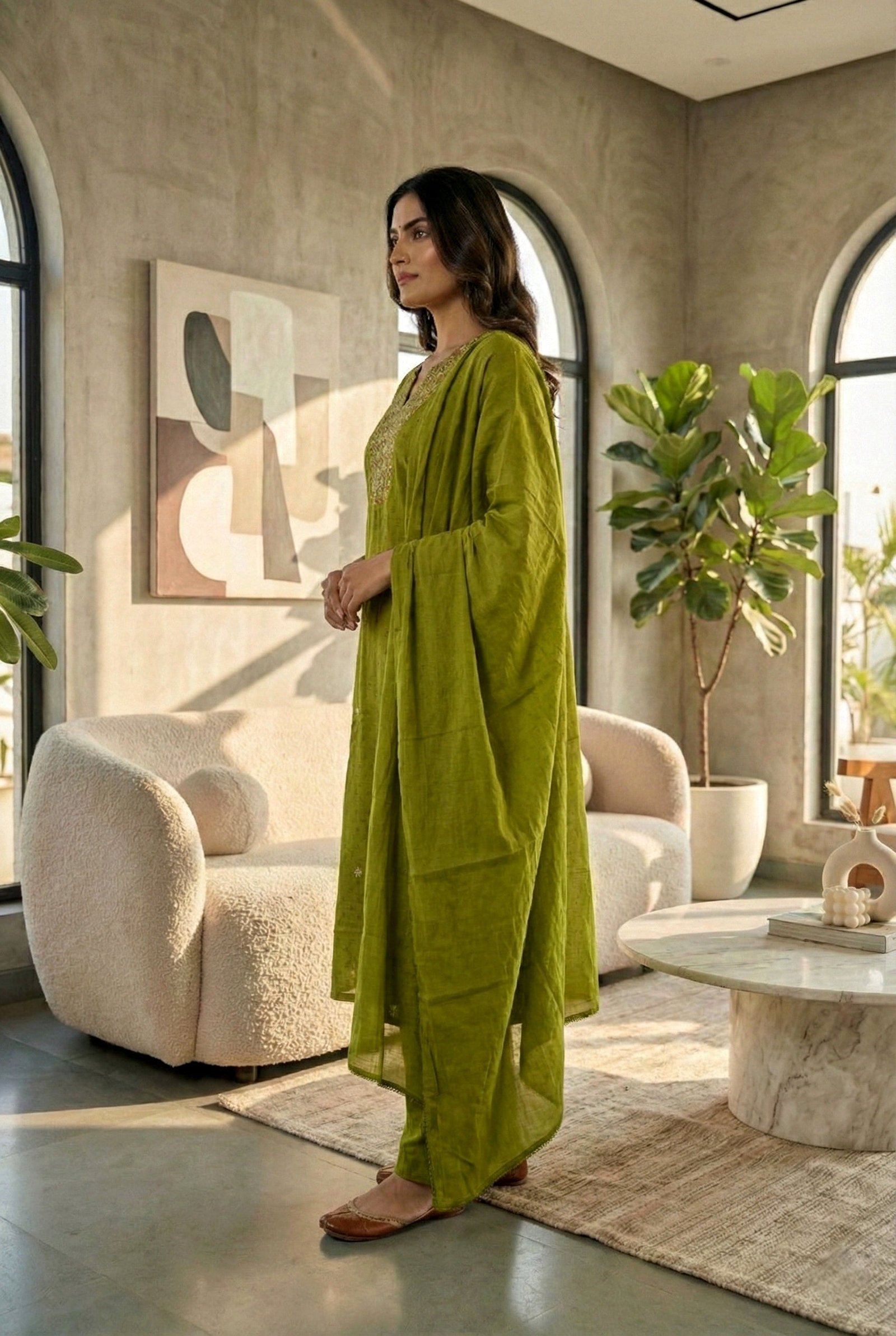 Green Cotton Thread Embroidered Three Piece Set - Image 2
