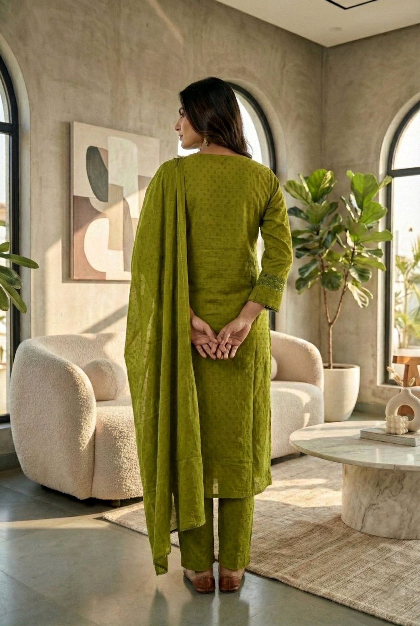 Green Cotton Thread Embroidered Three Piece Set - Image 3