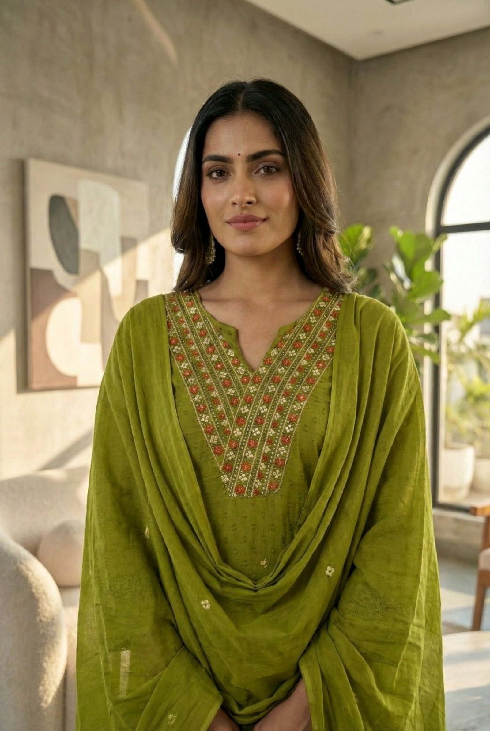 Green Cotton Thread Embroidered Three Piece Set - Image 4