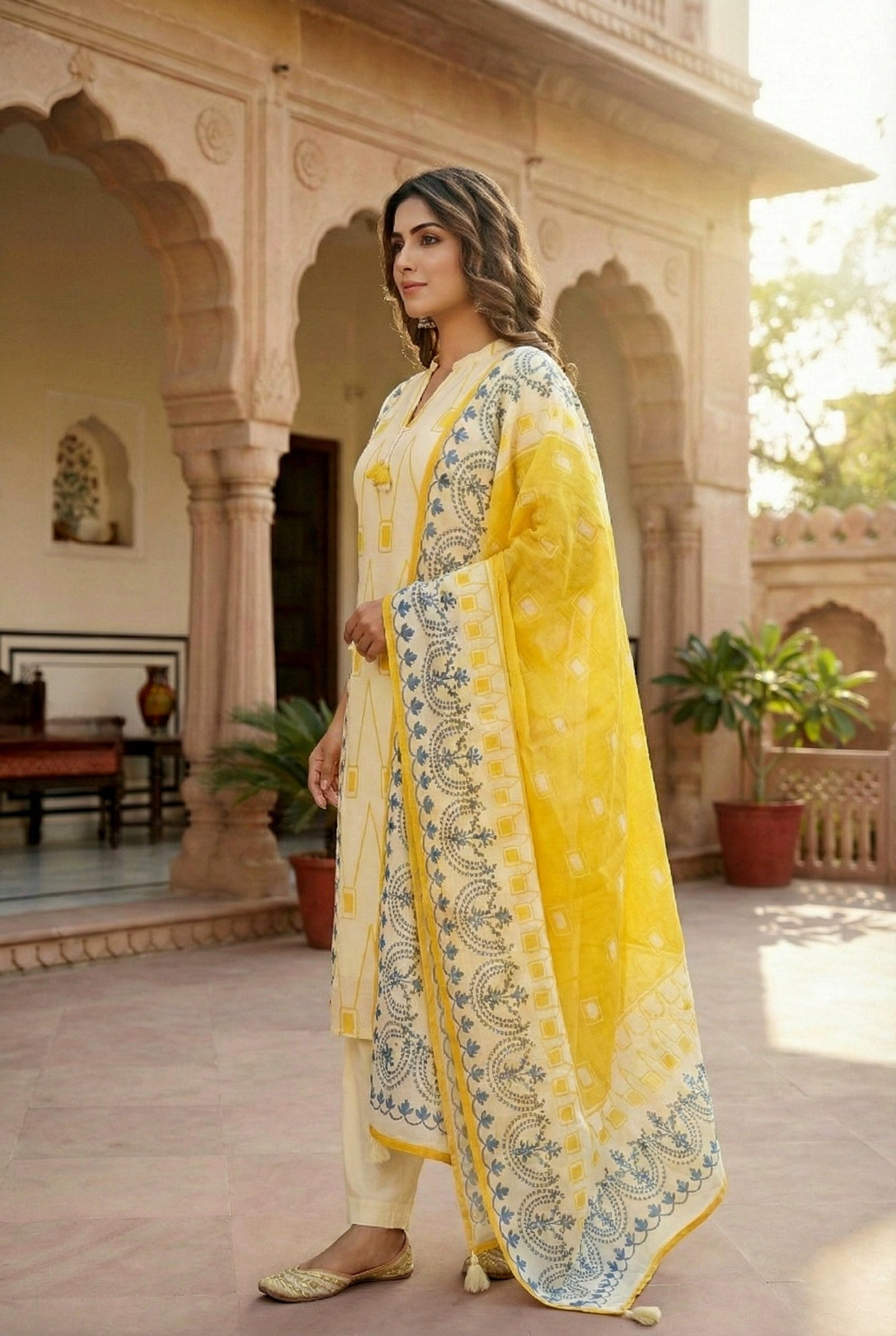 Yellow Silk Digital Printed Three Piece Set - Image 2