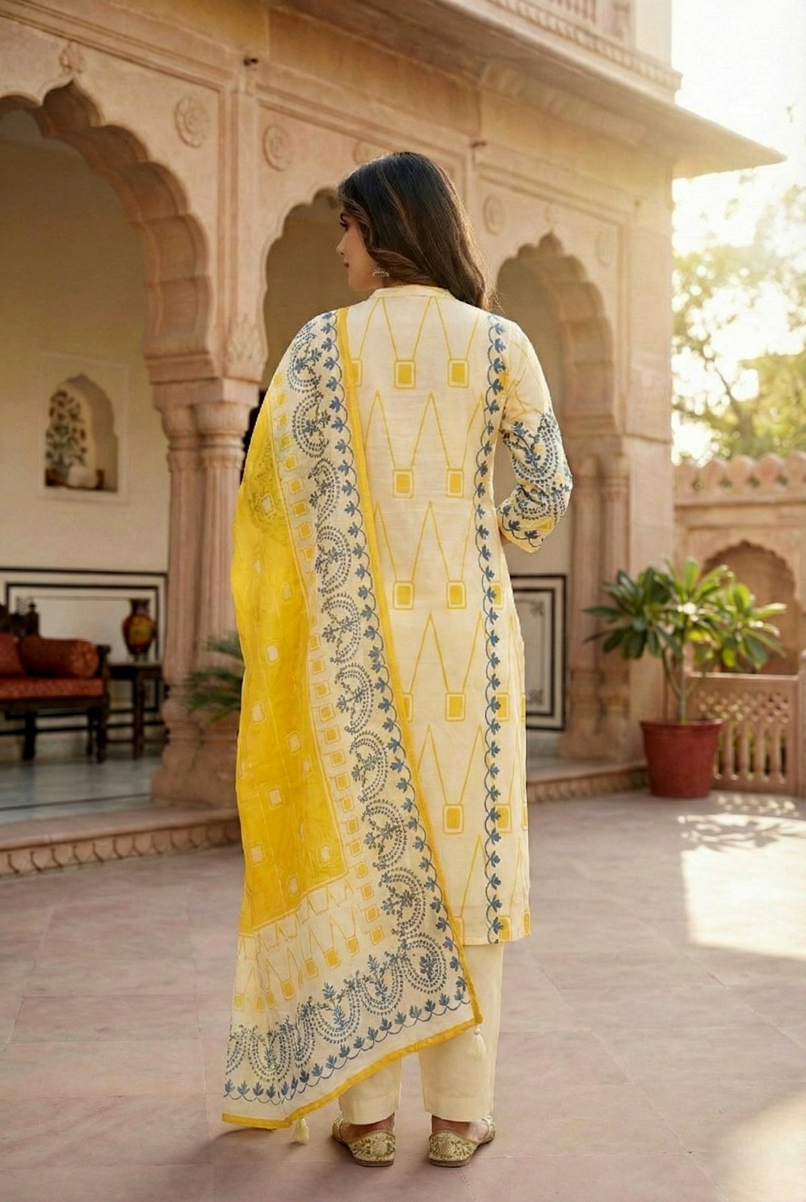 Yellow Silk Digital Printed Three Piece Set - Image 3