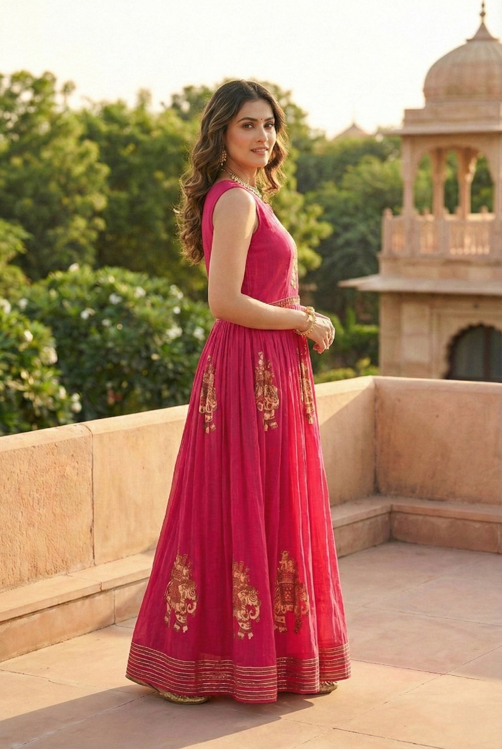 Rani Pink Chinon With Beads And Thread Embroidery Long Dress - Image 2