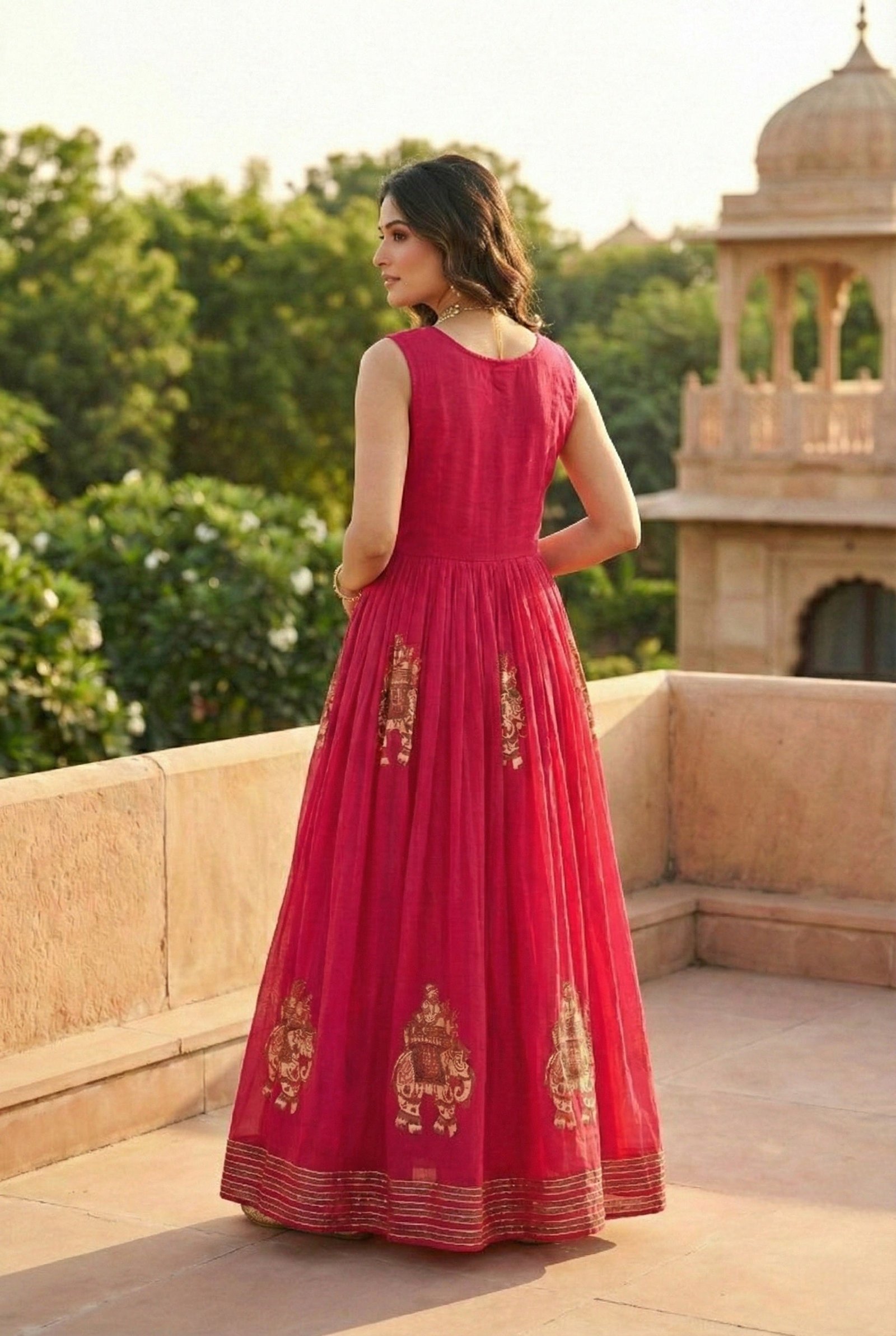 Rani Pink Chinon With Beads And Thread Embroidery Long Dress - Image 3