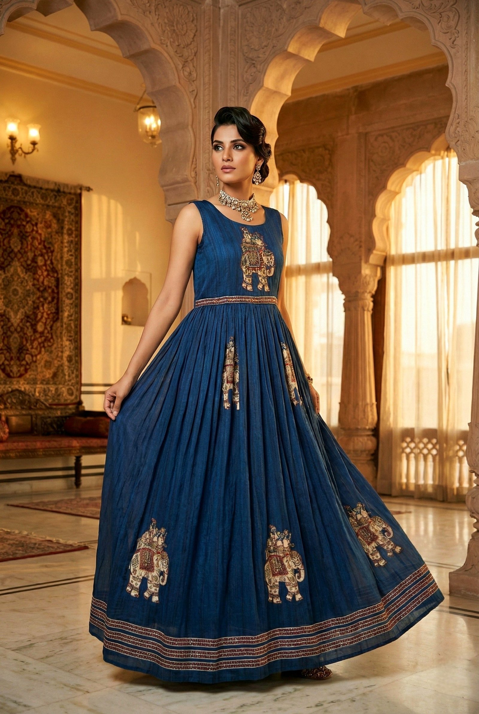 Navy Blue Chinon With Beads And Thread Embroidery Long Dress