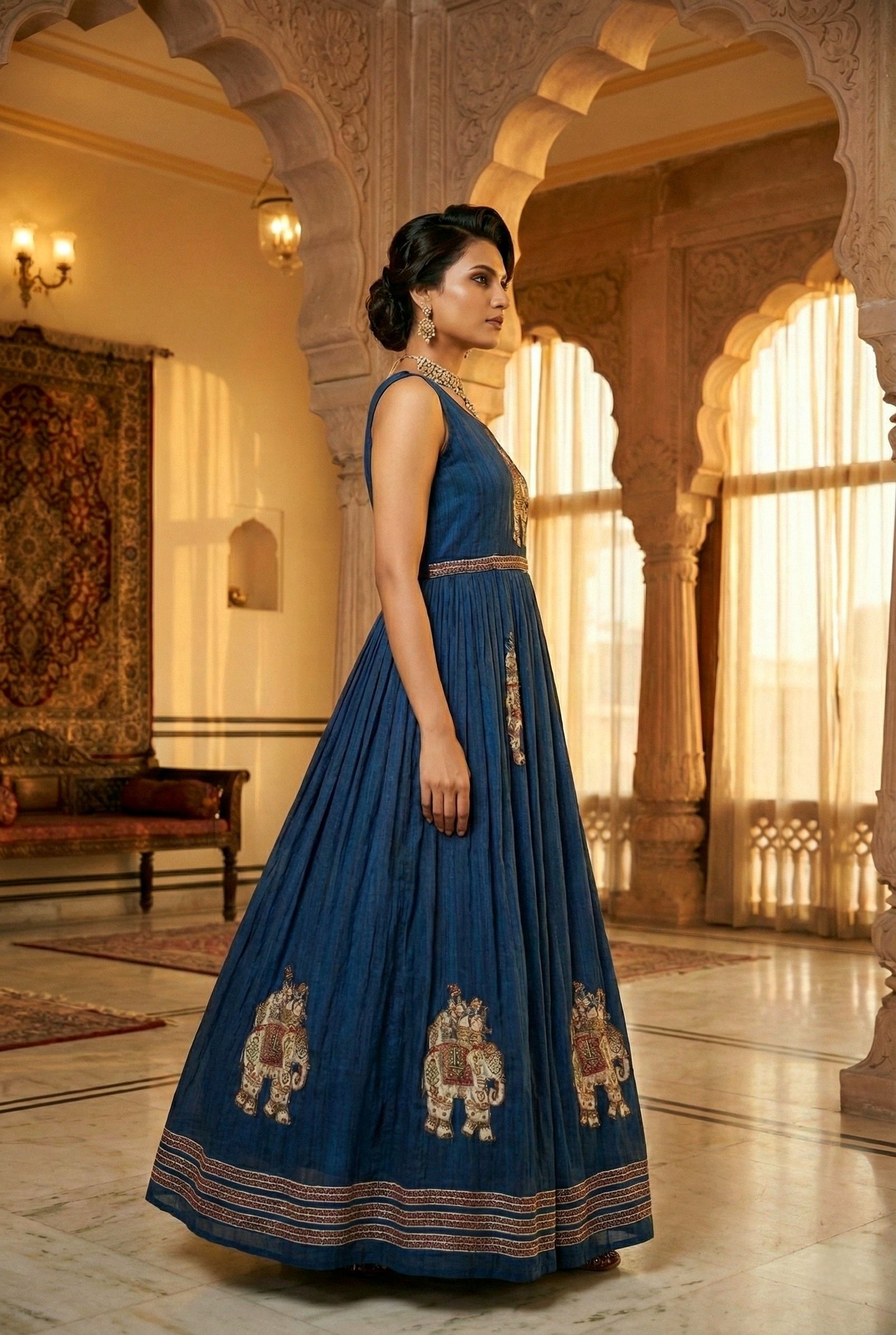 Navy Blue Chinon With Beads And Thread Embroidery Long Dress - Image 2