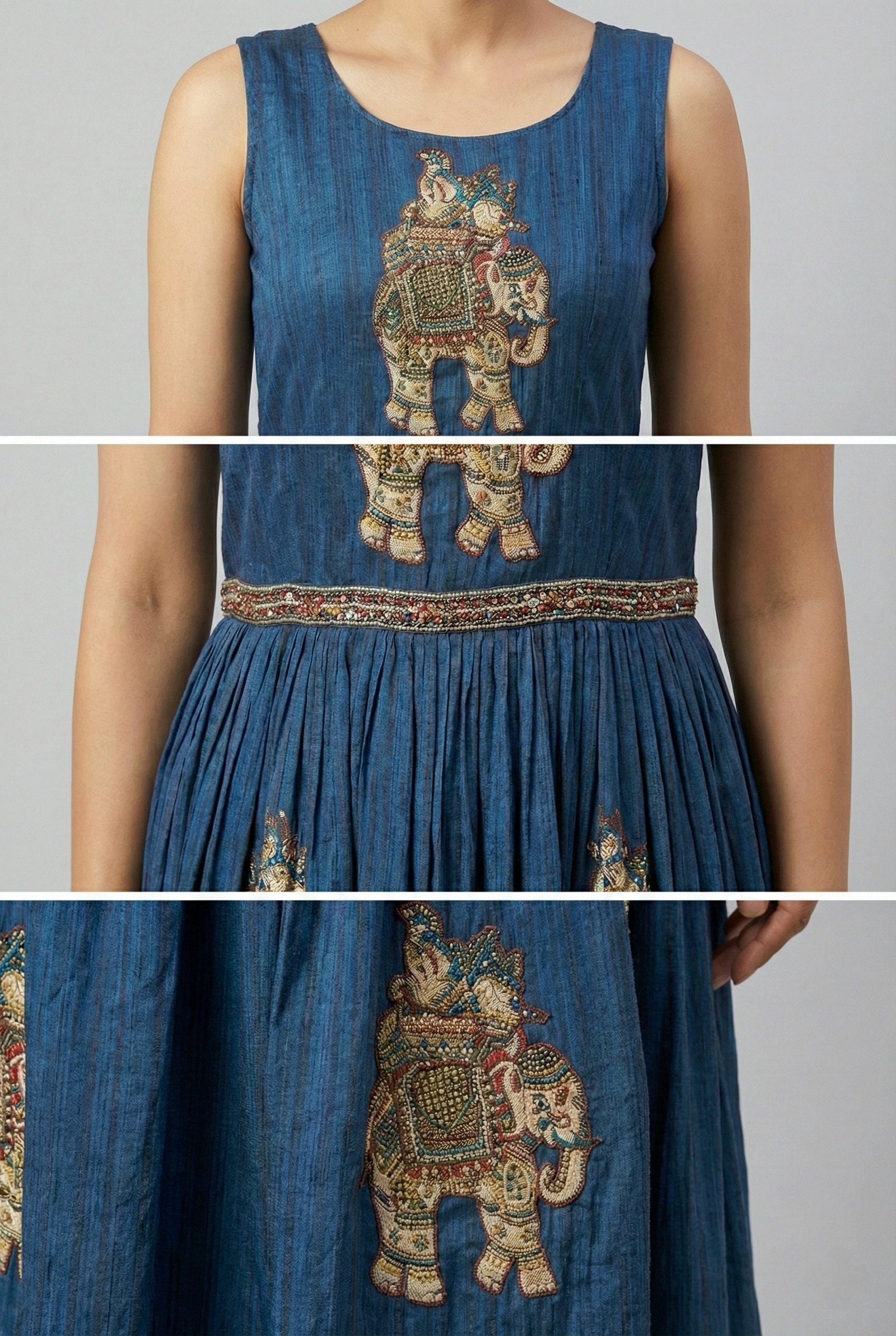 Navy Blue Chinon With Beads And Thread Embroidery Long Dress - Image 4