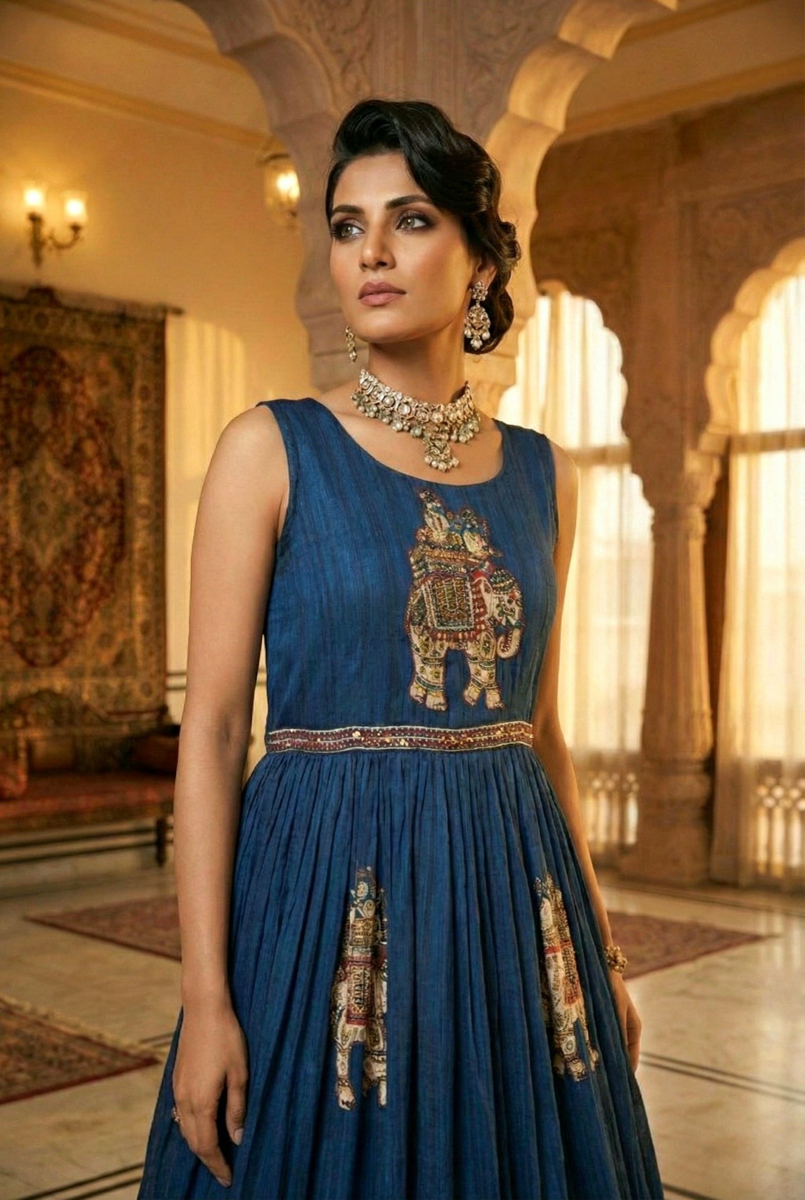 Navy Blue Chinon With Beads And Thread Embroidery Long Dress - Image 5