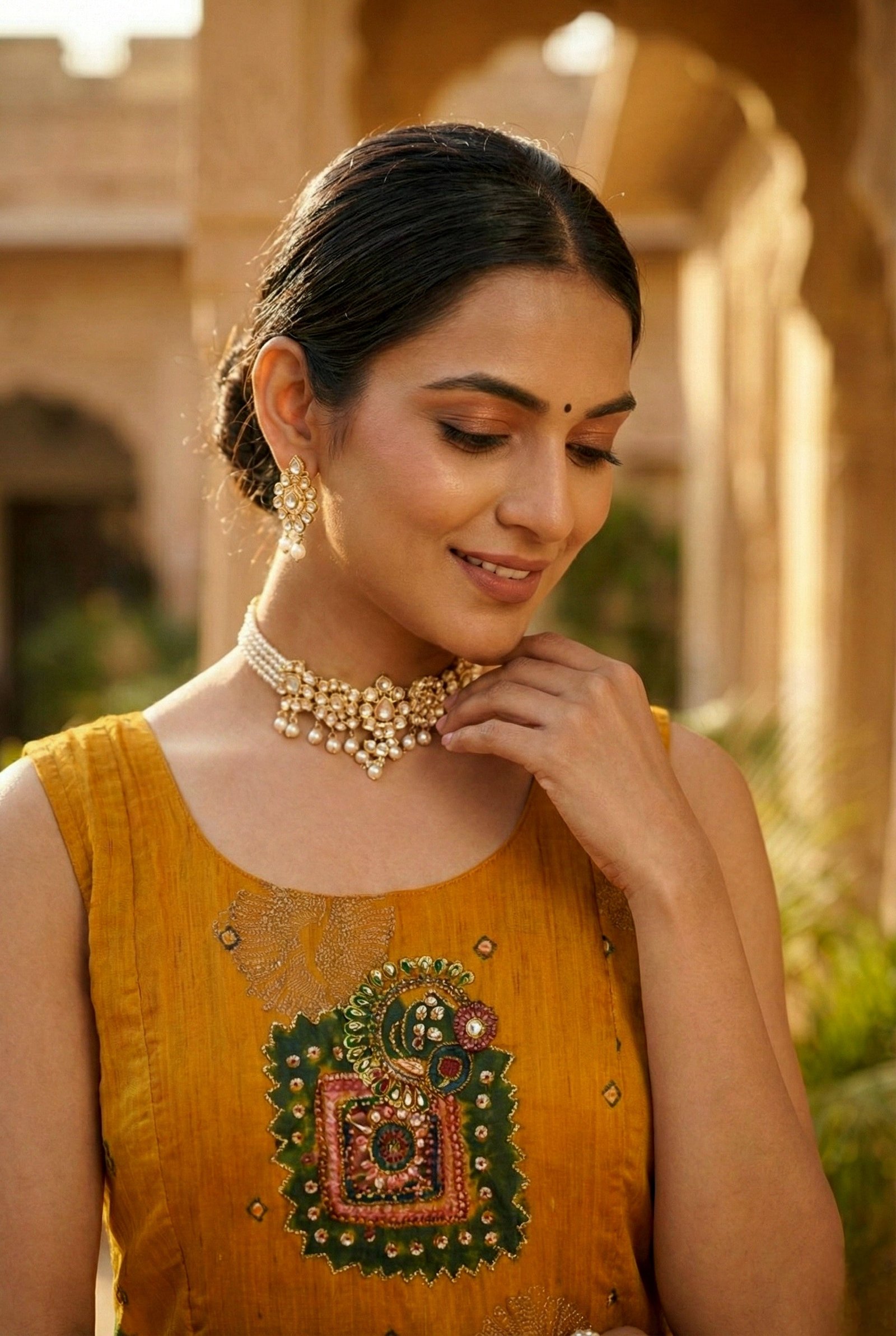 Gold Chinon Beads And Stone Embroidery Dress - Image 5