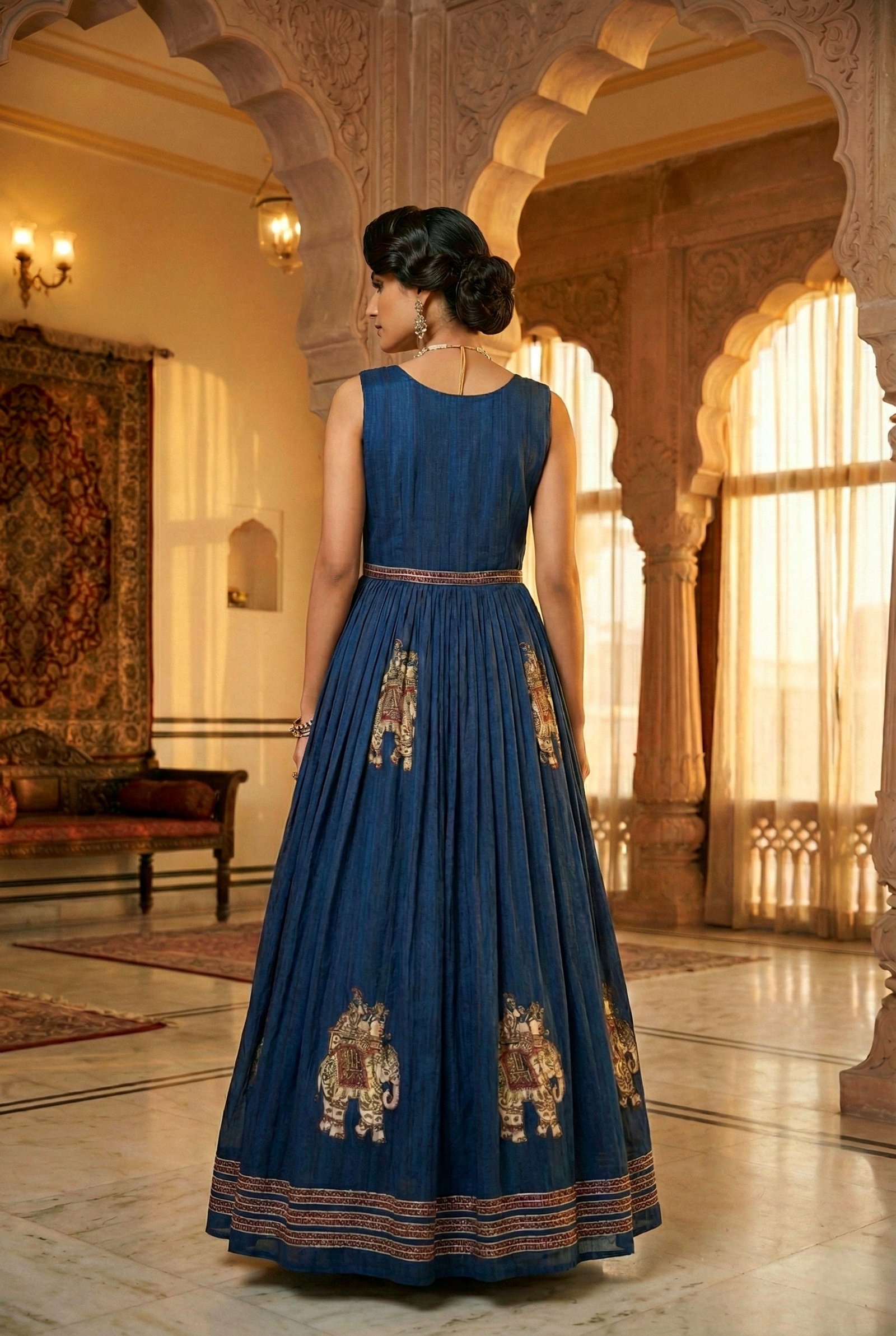 Navy Blue Chinon With Beads And Thread Embroidery Long Dress - Image 3