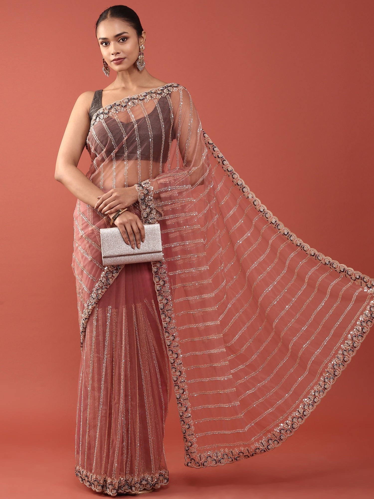 Onion Pink Net Embroidery Saree - Image 4