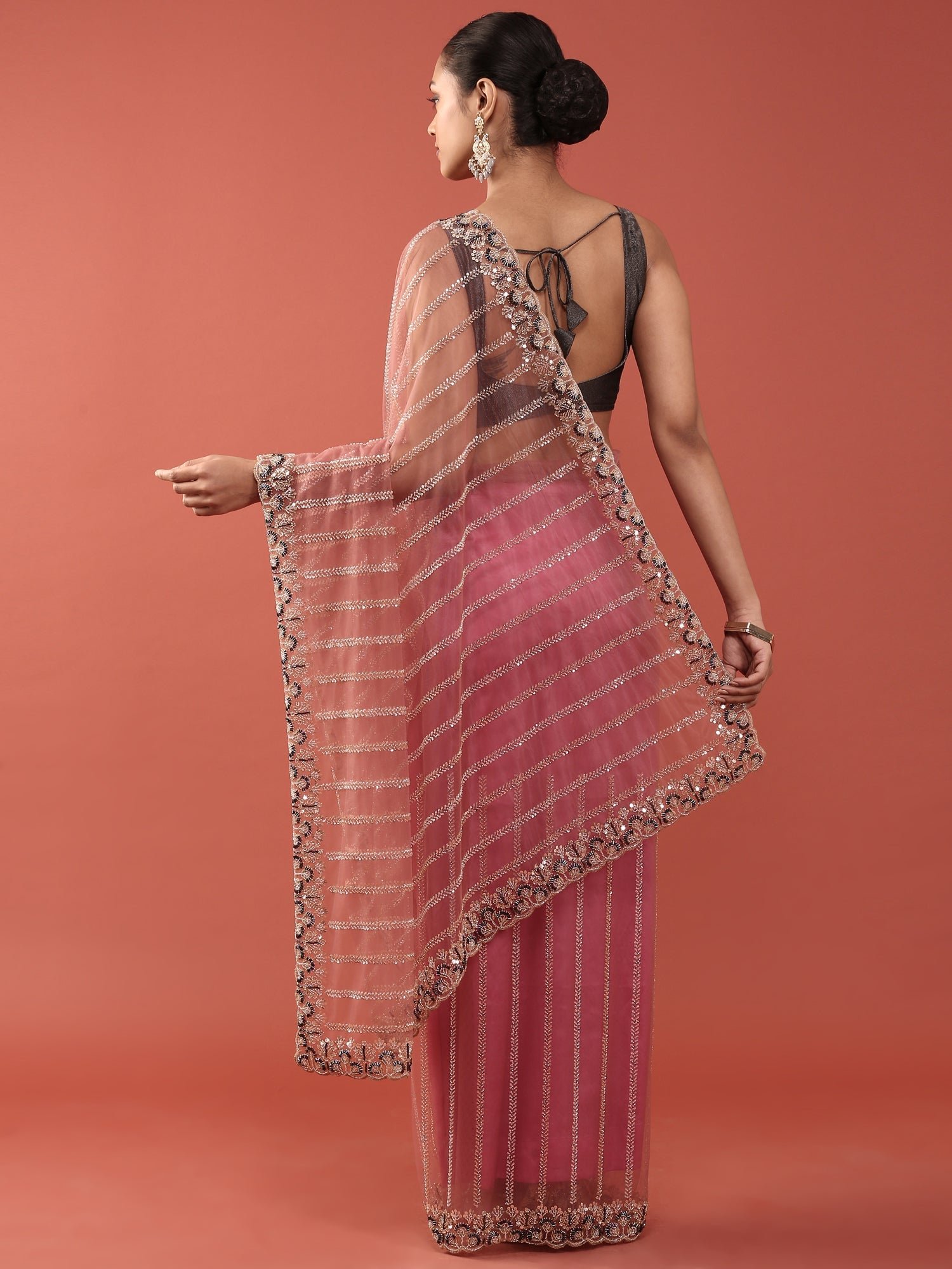 Onion Pink Net Embroidery Saree - Image 2