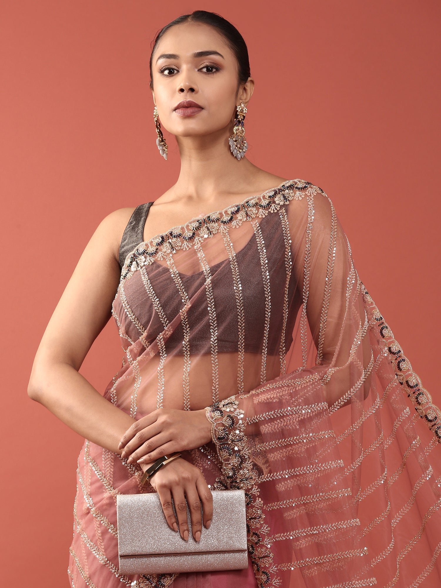 Onion Pink Net Embroidery Saree - Image 3