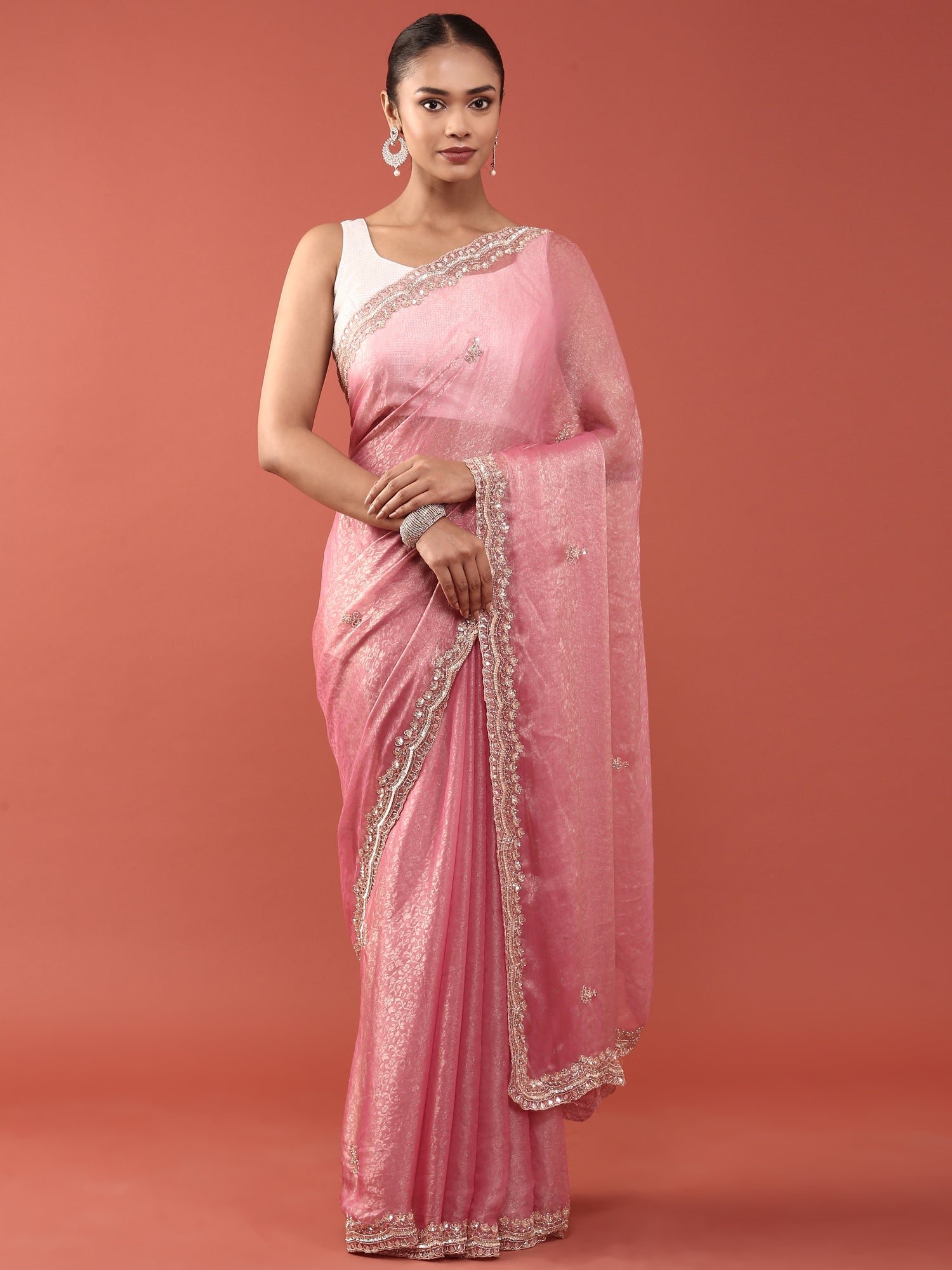 Onion Pink Jacquard Zari Embroidery Saree