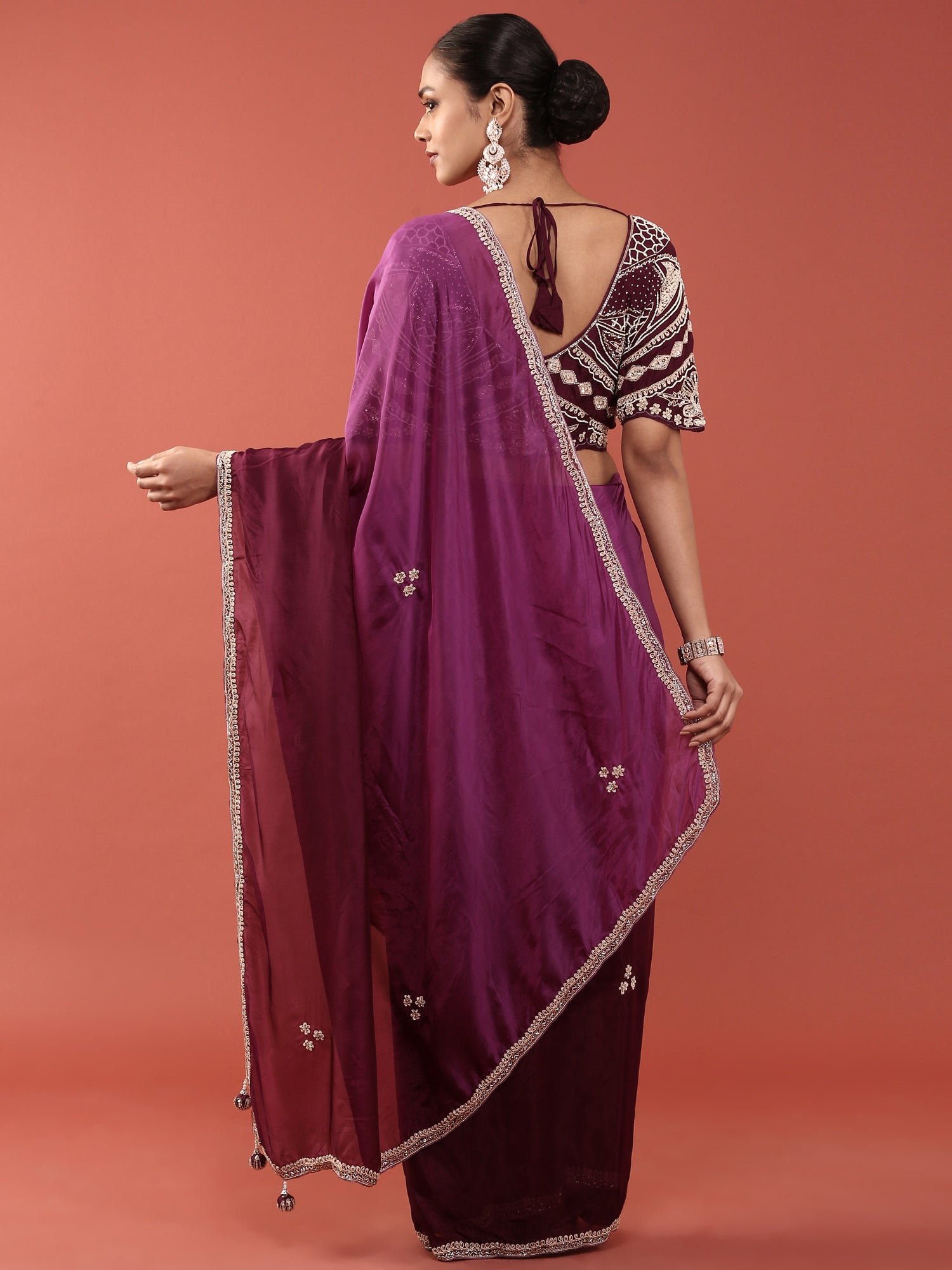 Purple Crepe Embroidery Saree With Readymade Blouse - Image 4