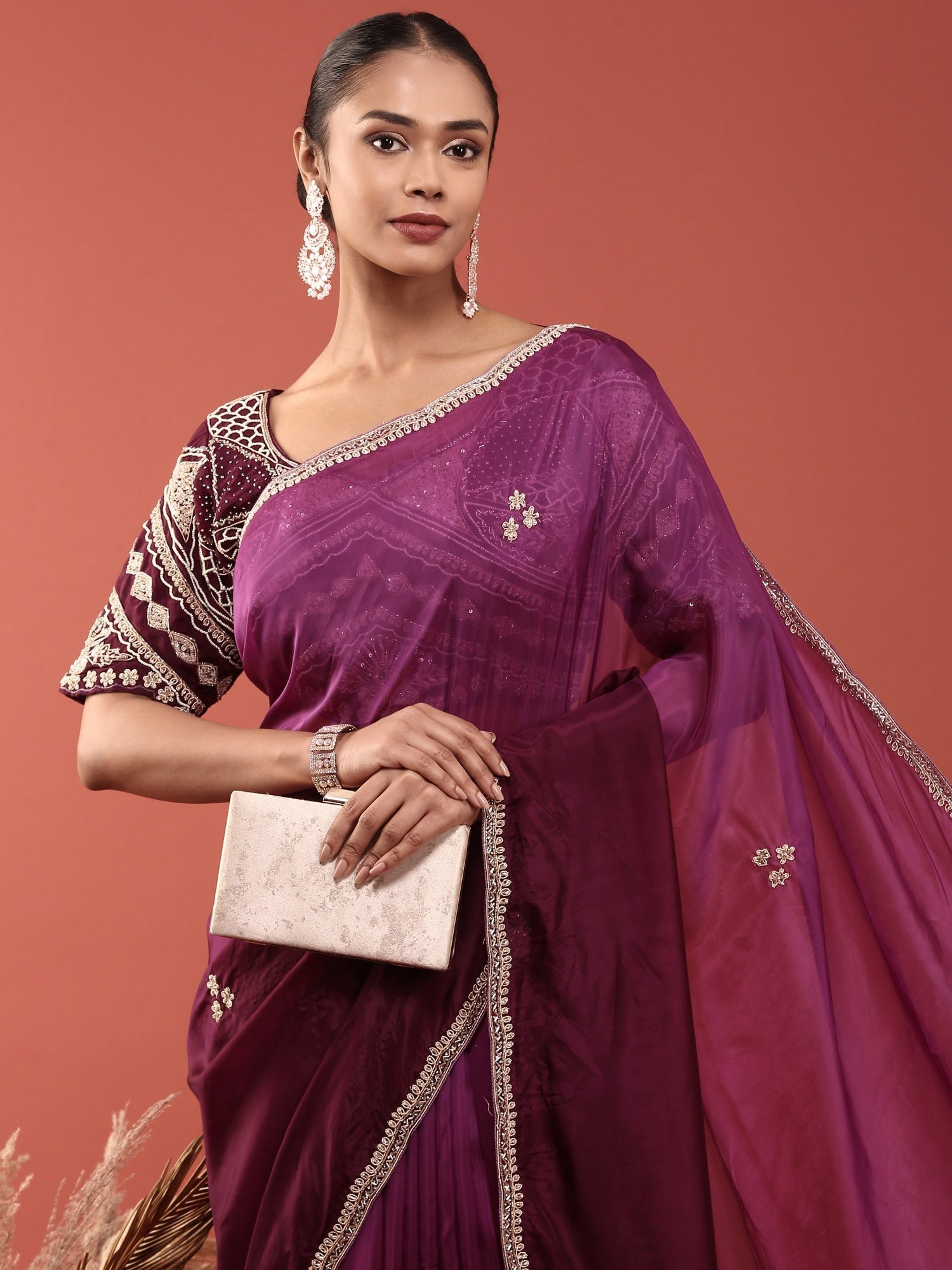 Purple Crepe Embroidery Saree With Readymade Blouse - Image 3