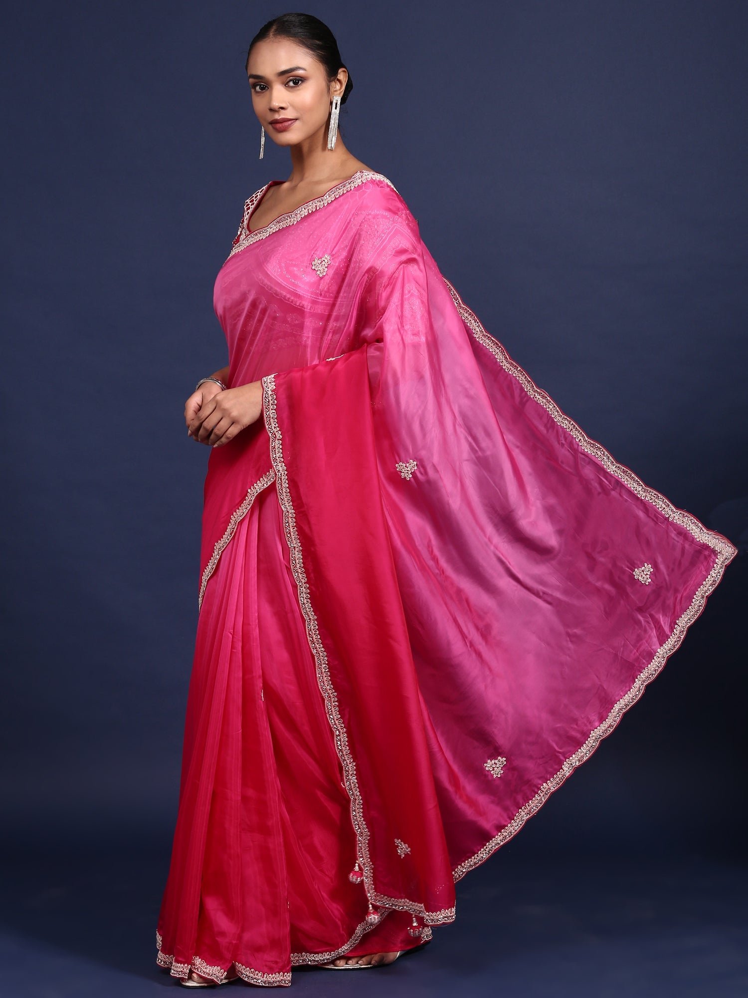 Rani Pink Crepe Embroidery Saree With Readymade Blouse - Image 4