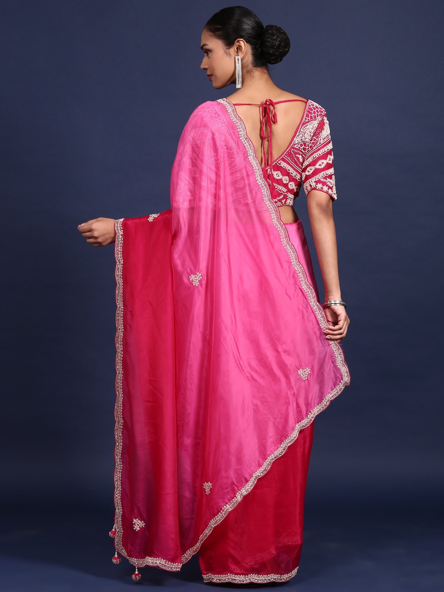 Rani Pink Crepe Embroidery Saree With Readymade Blouse - Image 3