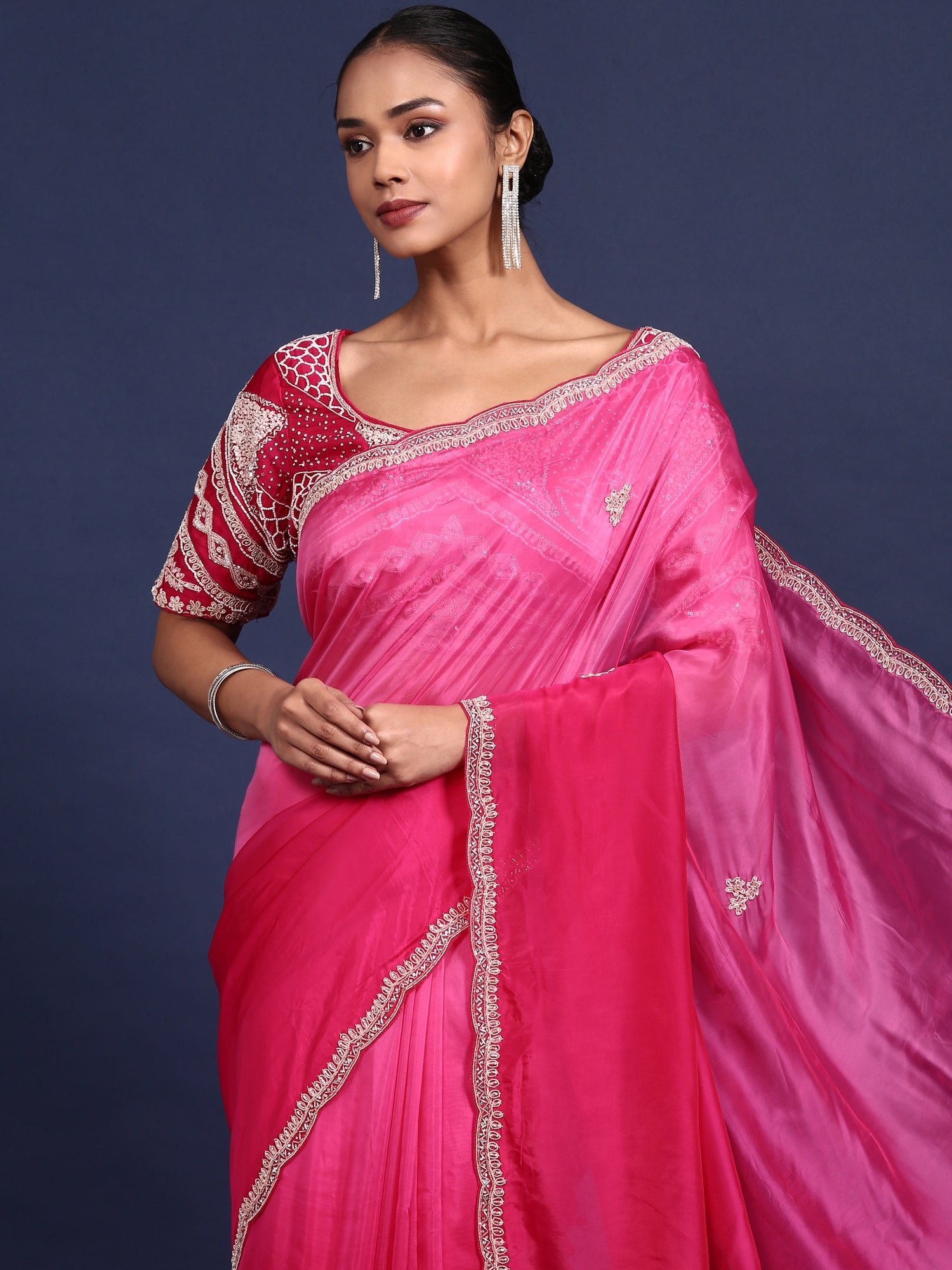 Rani Pink Crepe Embroidery Saree With Readymade Blouse - Image 2