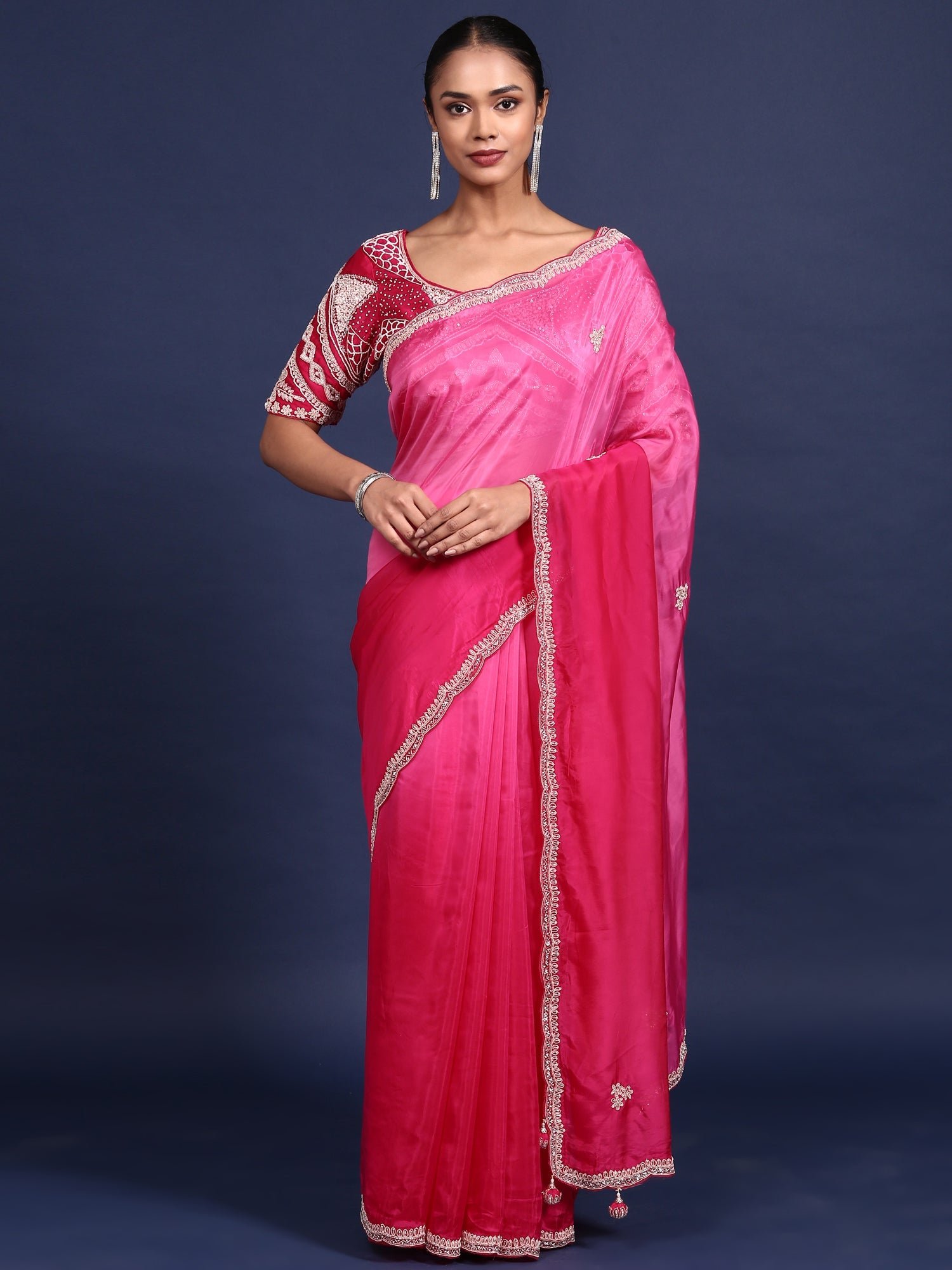 Rani Pink Crepe Embroidery Saree With Readymade Blouse