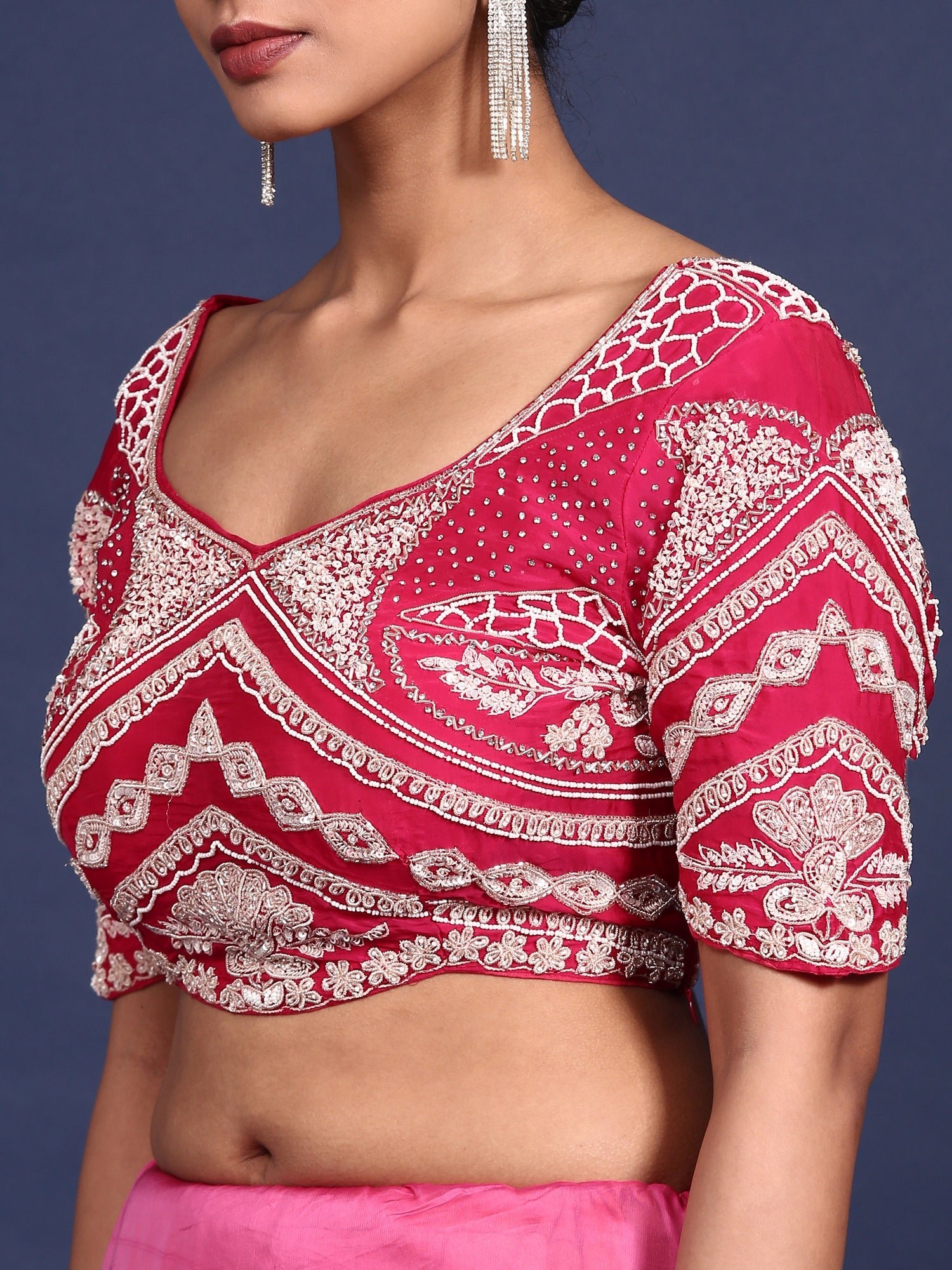 Rani Pink Crepe Embroidery Saree With Readymade Blouse - Image 7