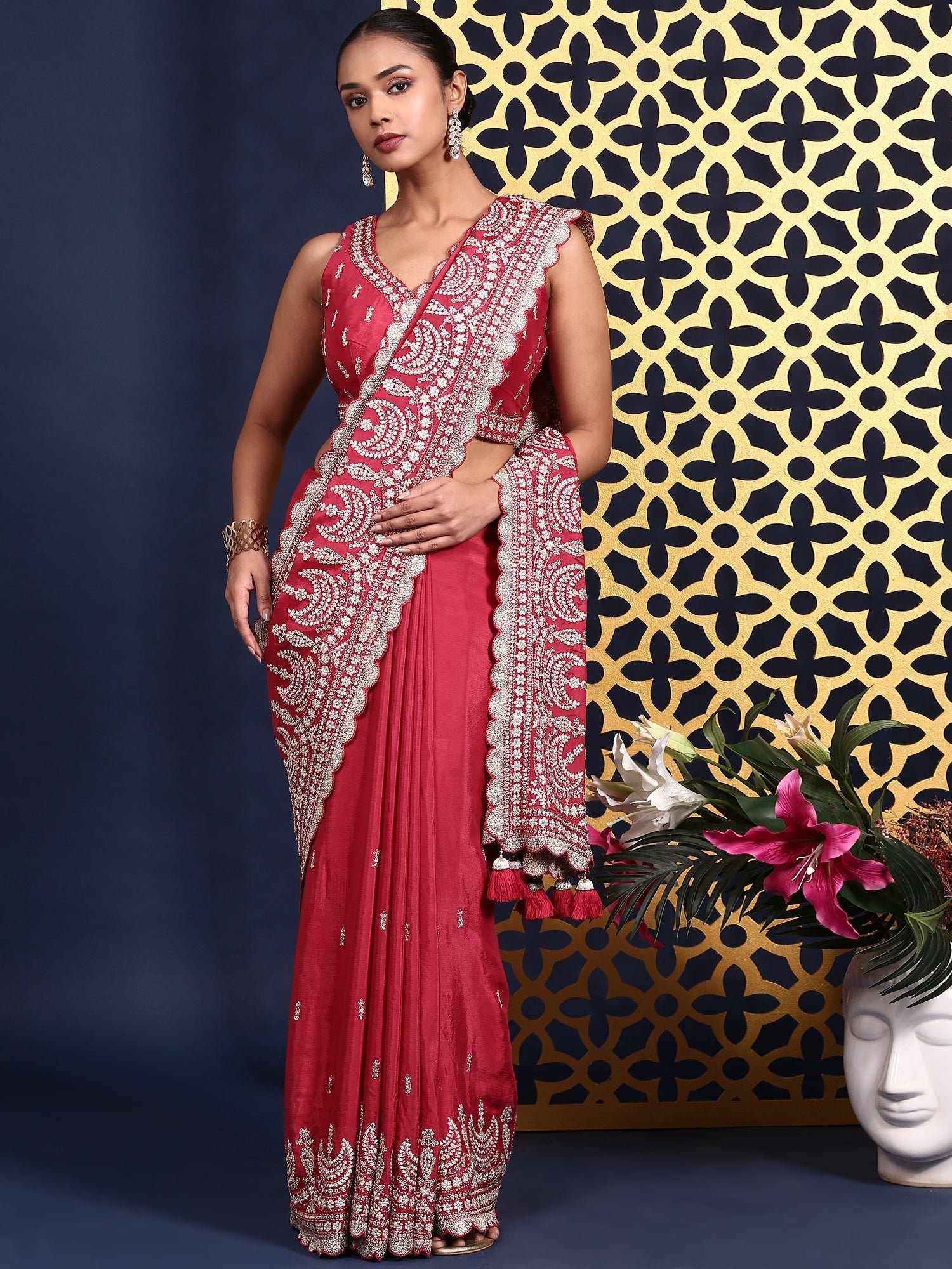 Pink Crepe Zari Embroidery Saree With Readymade Blouse