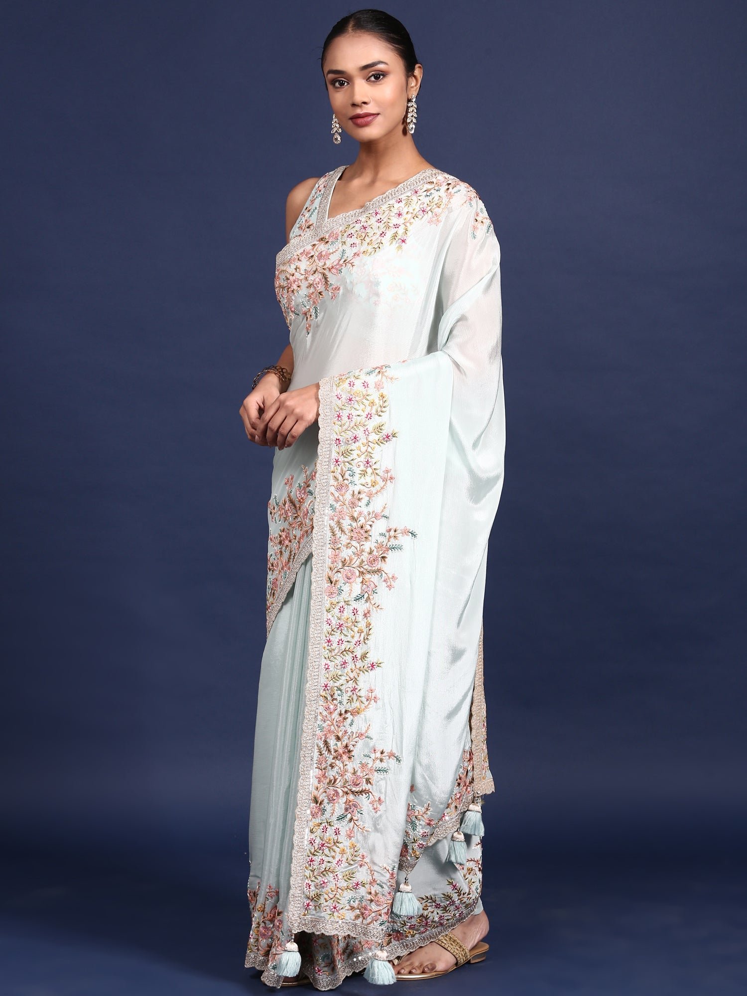 Sky Blue Crepe Embroidery Saree With Readymade Blouse - Image 4
