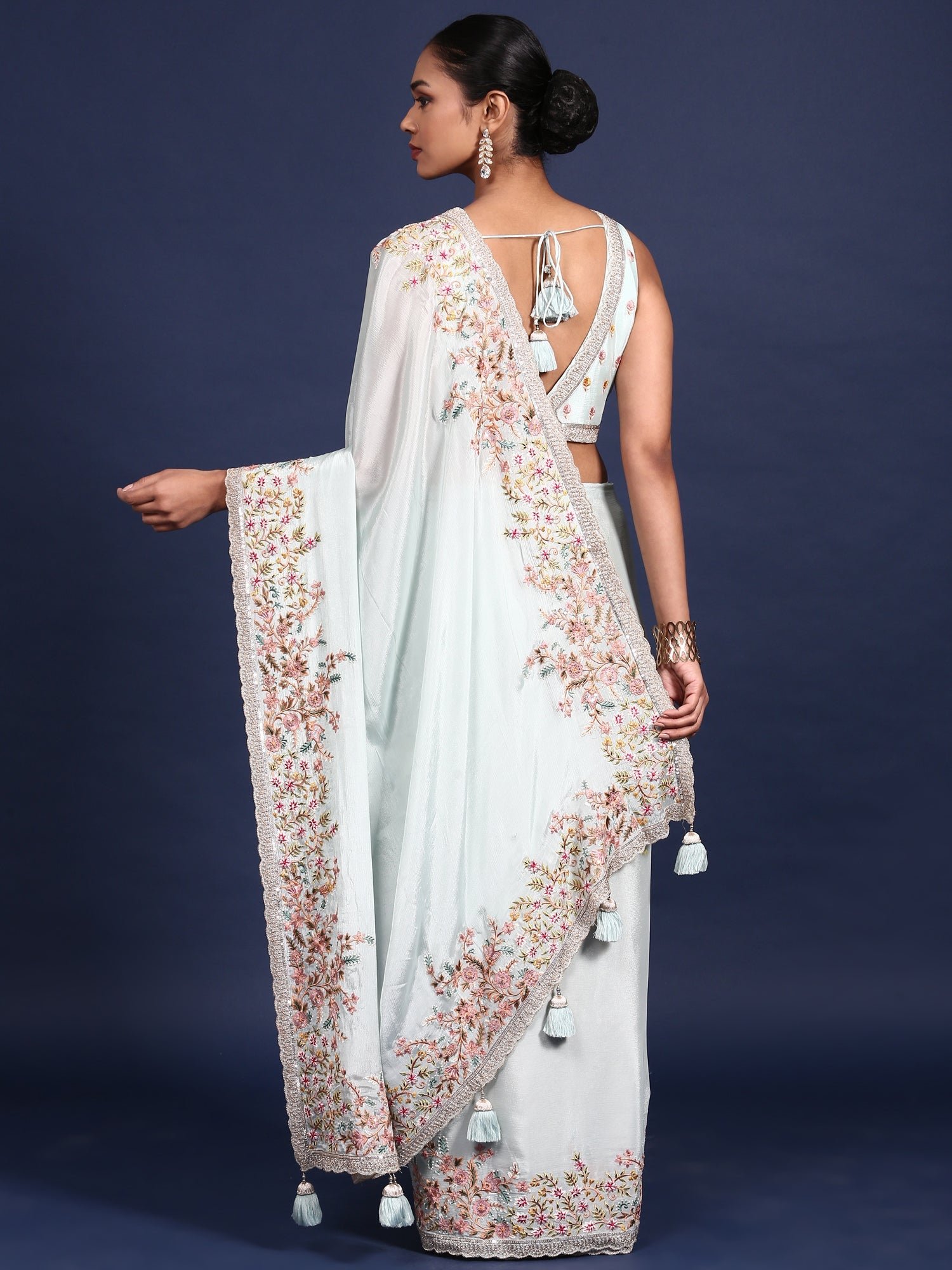 Sky Blue Crepe Embroidery Saree With Readymade Blouse - Image 2