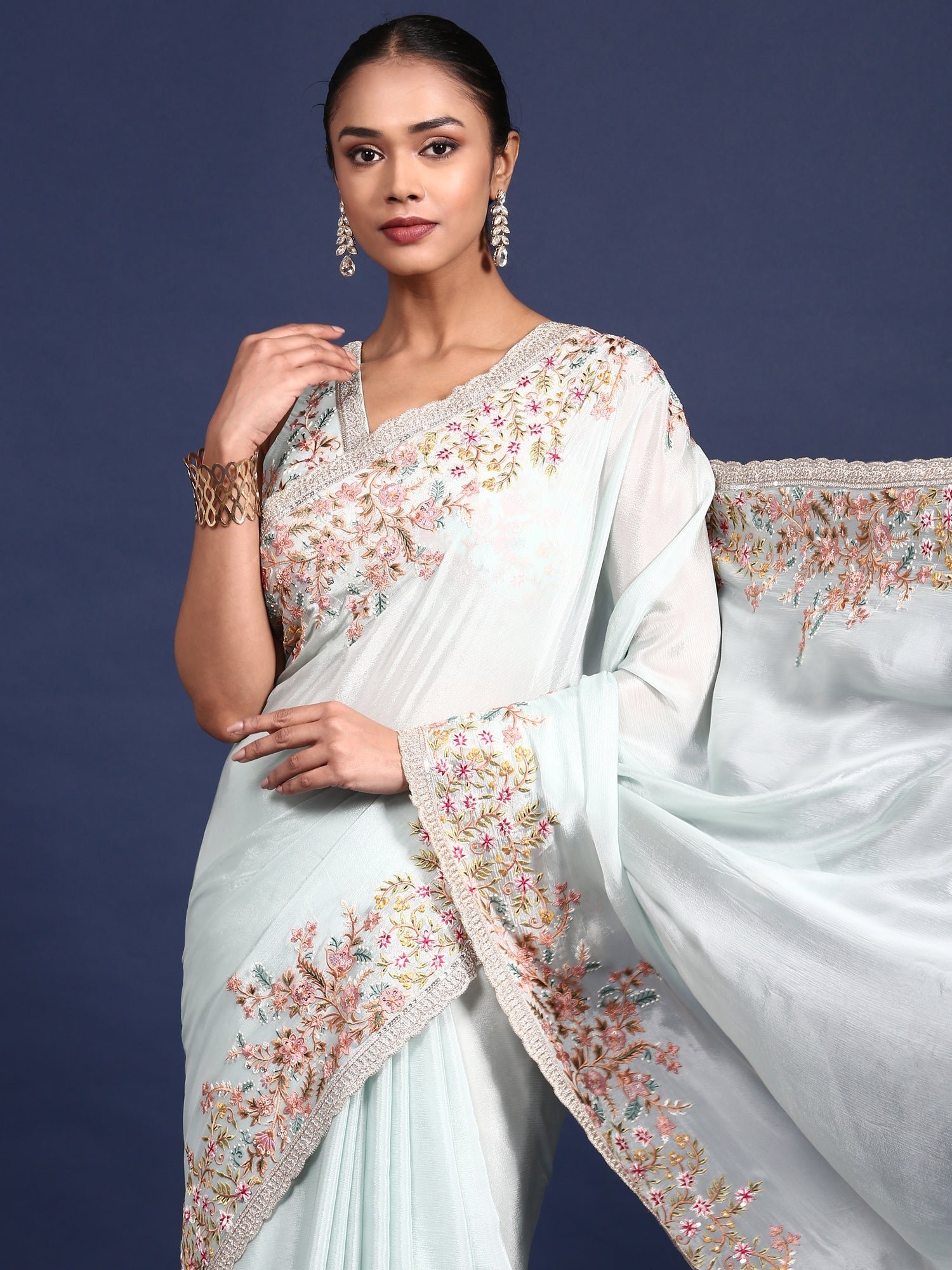 Sky Blue Crepe Embroidery Saree With Readymade Blouse - Image 3