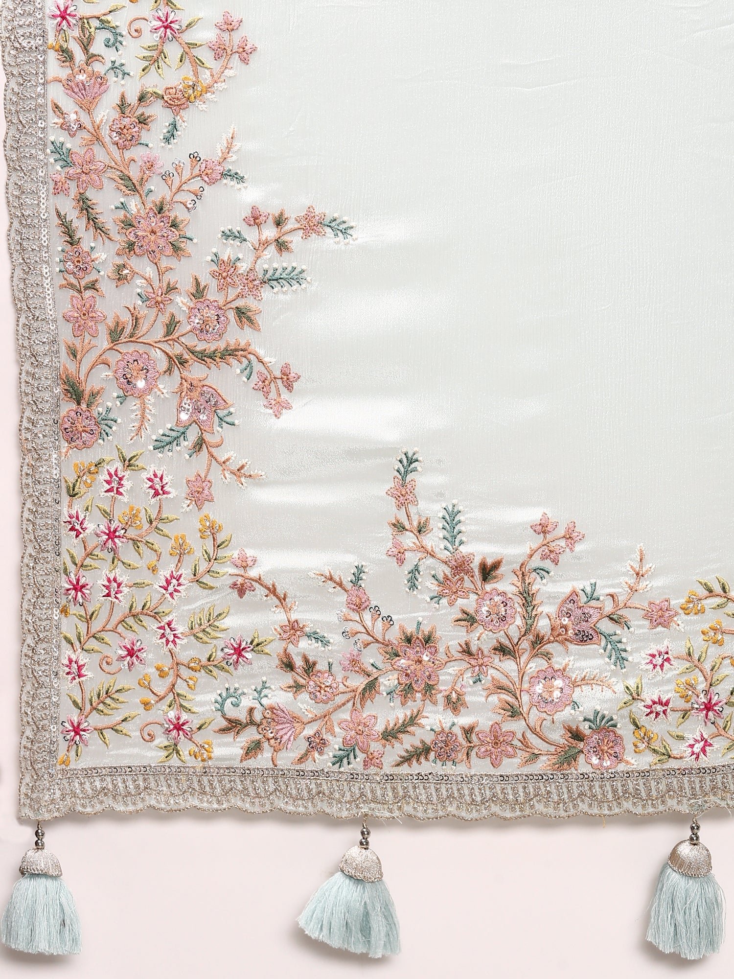 Sky Blue Crepe Embroidery Saree With Readymade Blouse - Image 6