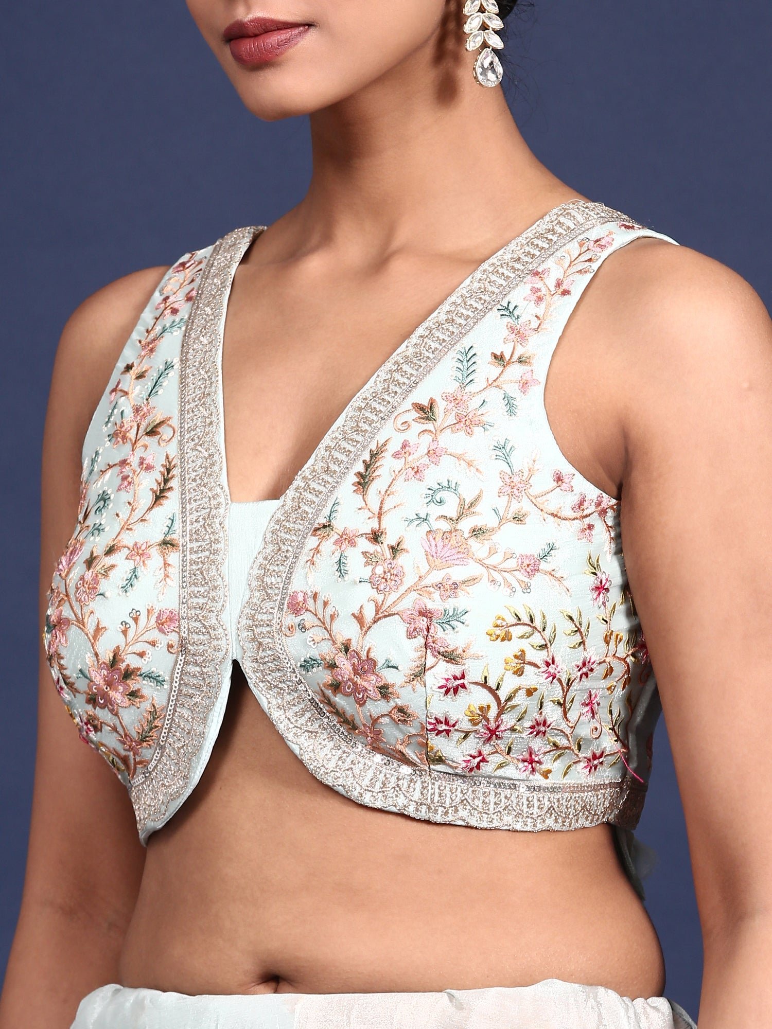 Sky Blue Crepe Embroidery Saree With Readymade Blouse - Image 7