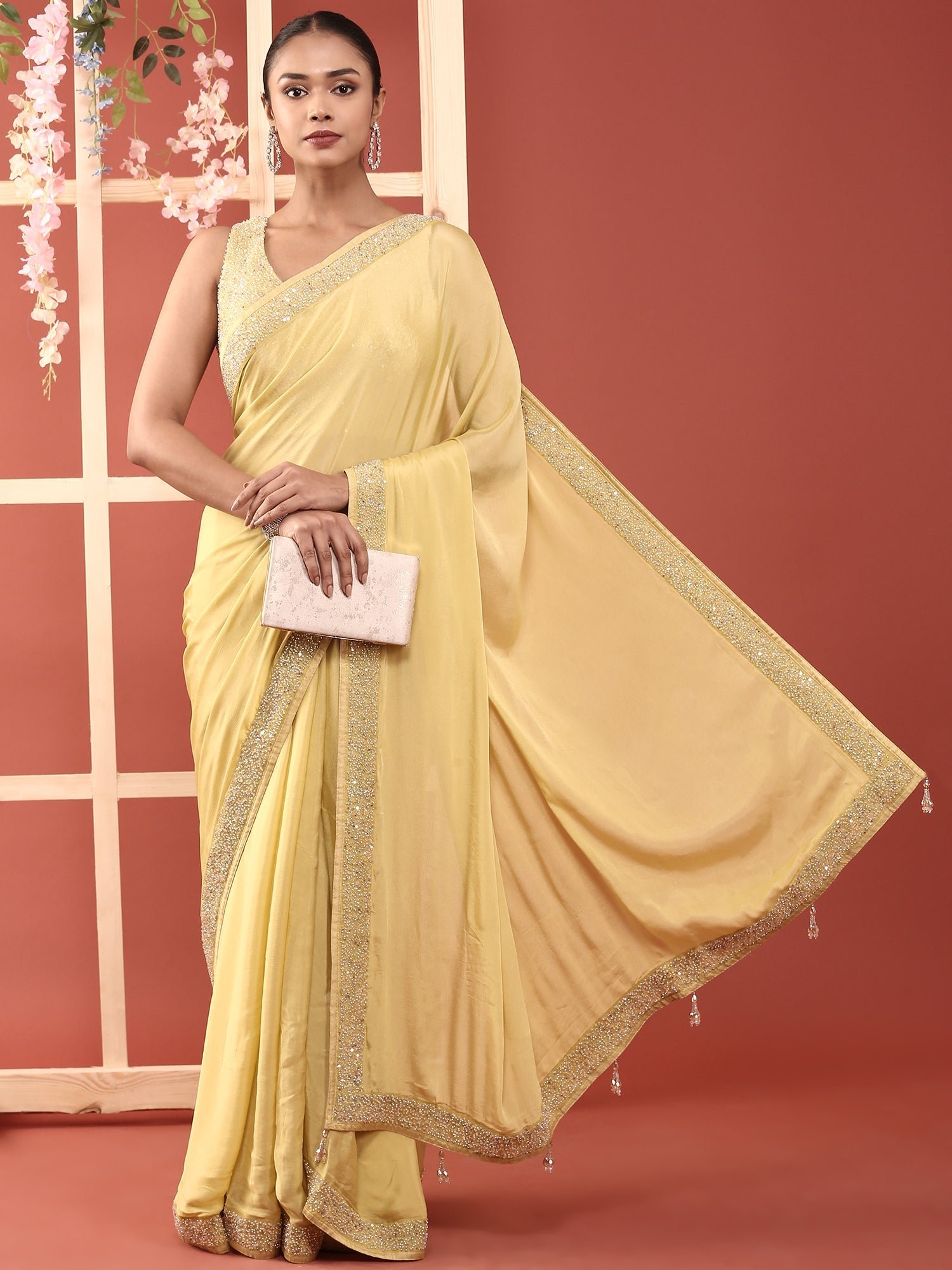 Lime Green Crepe Stone And Thread Embroidery Saree With Readymade Blouse - Image 4