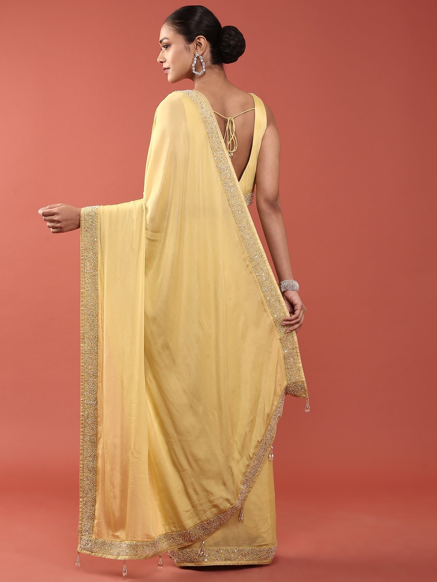 Lime Green Crepe Stone And Thread Embroidery Saree With Readymade Blouse - Image 3