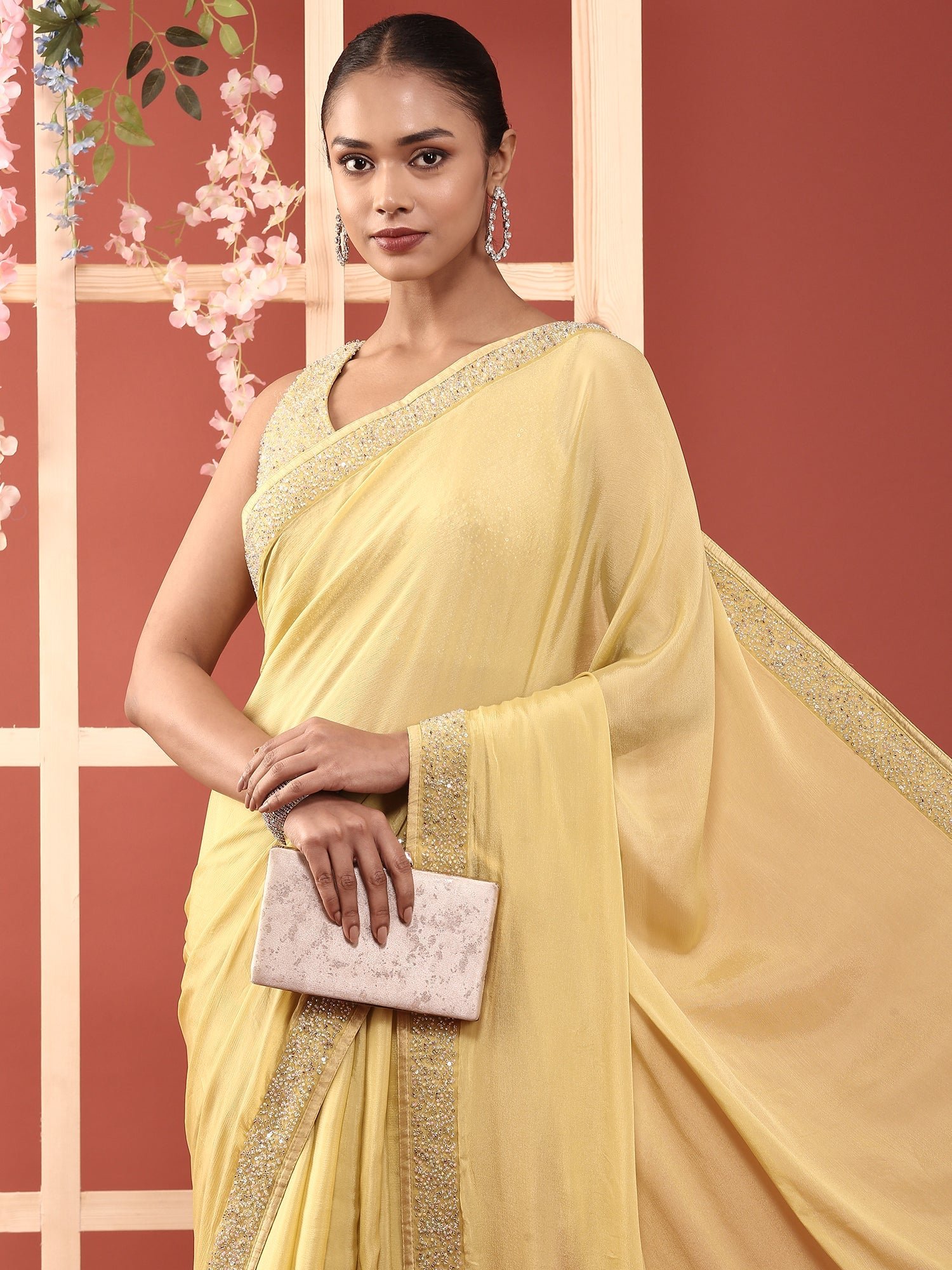 Lime Green Crepe Stone And Thread Embroidery Saree With Readymade Blouse - Image 2