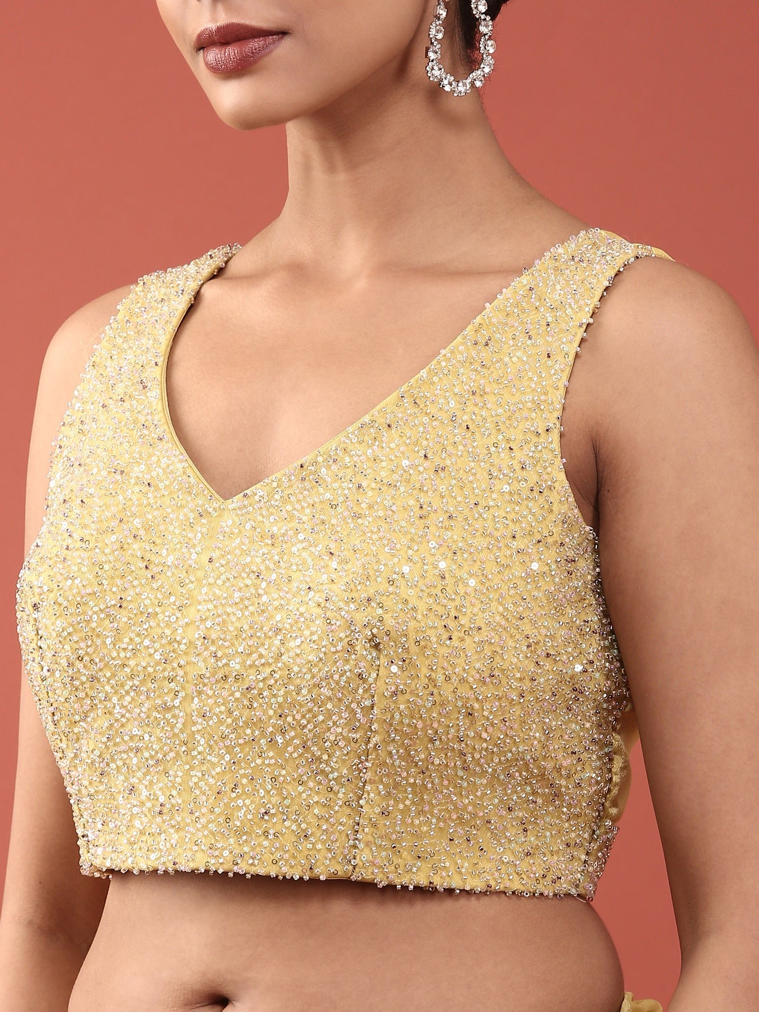 Lime Green Crepe Stone And Thread Embroidery Saree With Readymade Blouse - Image 7