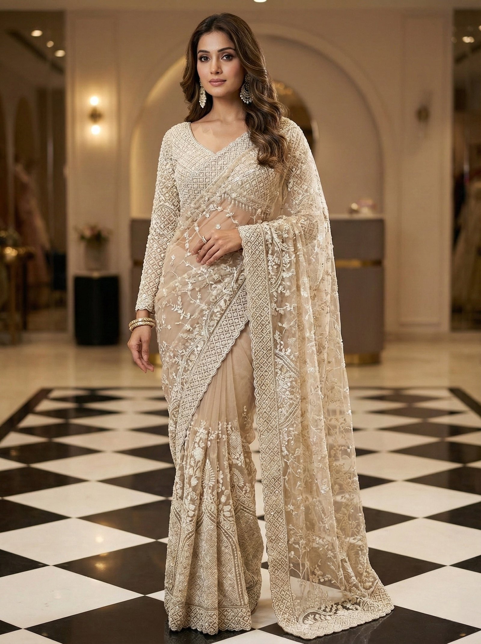 Beige Net Heavy Hand Embroidery Saree With Readymade Blouse - Image 3
